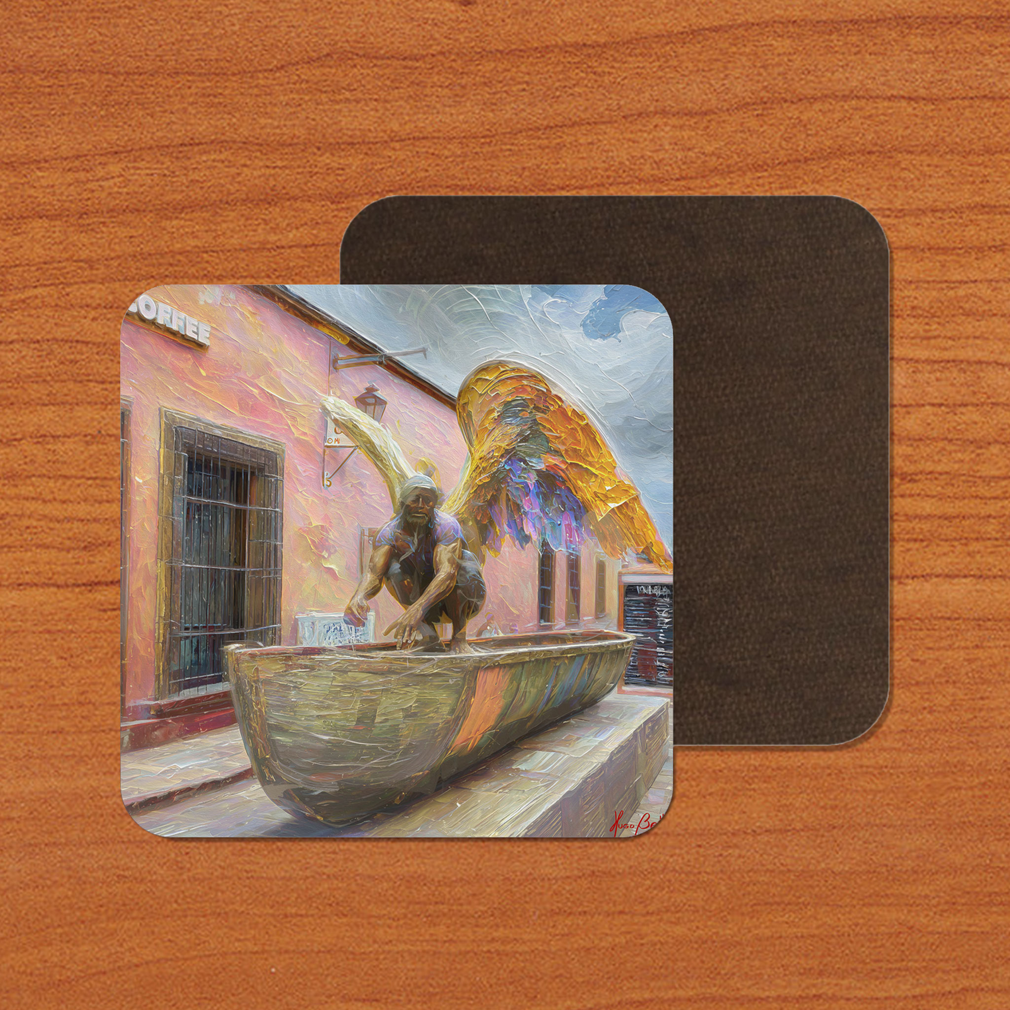 Angel on Boat with Coffee 01 on Artistic House Coaster product thumbnail image Angel on Boat with Coffee 01 on Artistic House Coaster product thumbnail image