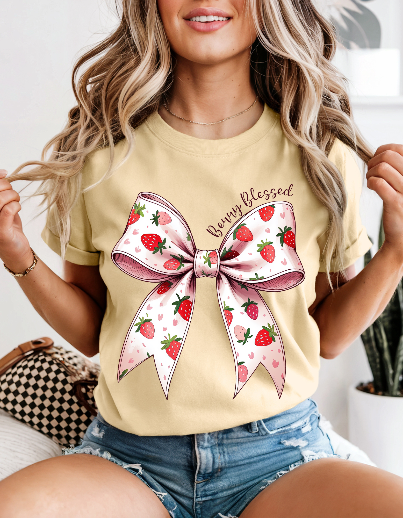 Cute Bow Graphic T-Shirt, Gift for Her, Summer Tee, Strawberry Print Shirt, Birthday Gift, Casual Wear Cute Bow Graphic T-Shirt, Gift for Her, Summer Tee, Strawberry Print Shirt, Birthday Gift, Casual Wear