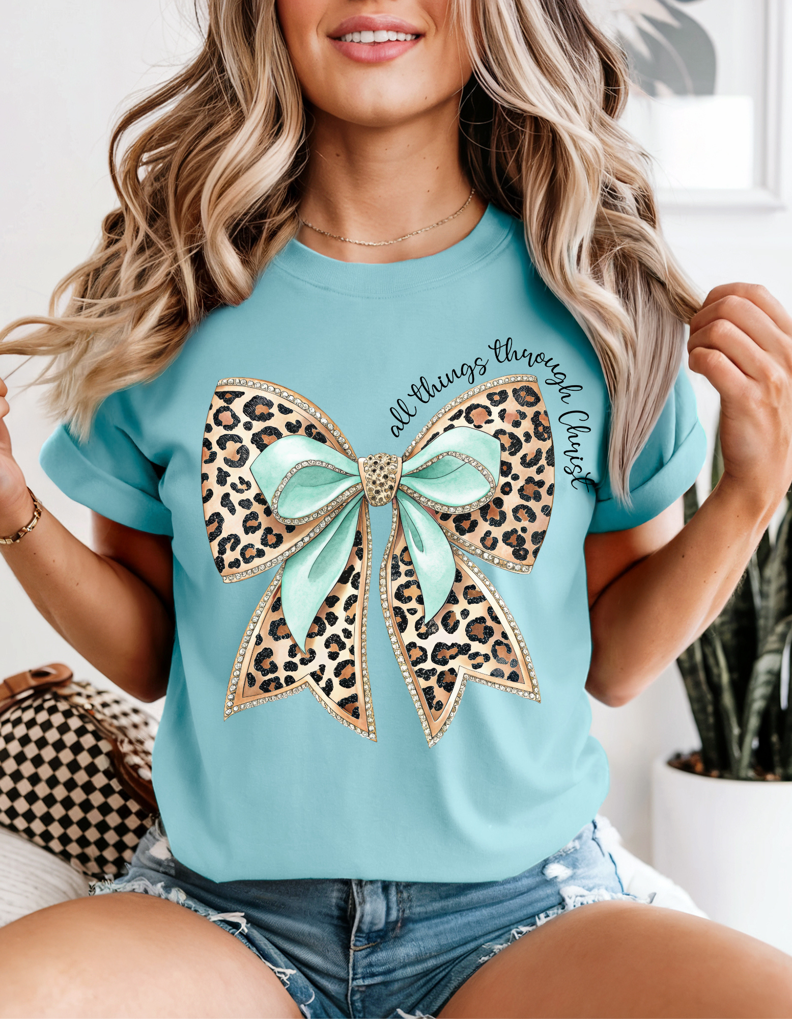 All Things Beautiful Leopard Bow T-shirt, Stylish Gender-Neutral Tee, Casual Gift for Her, Trendy Summer Fashion, Everyday Wear