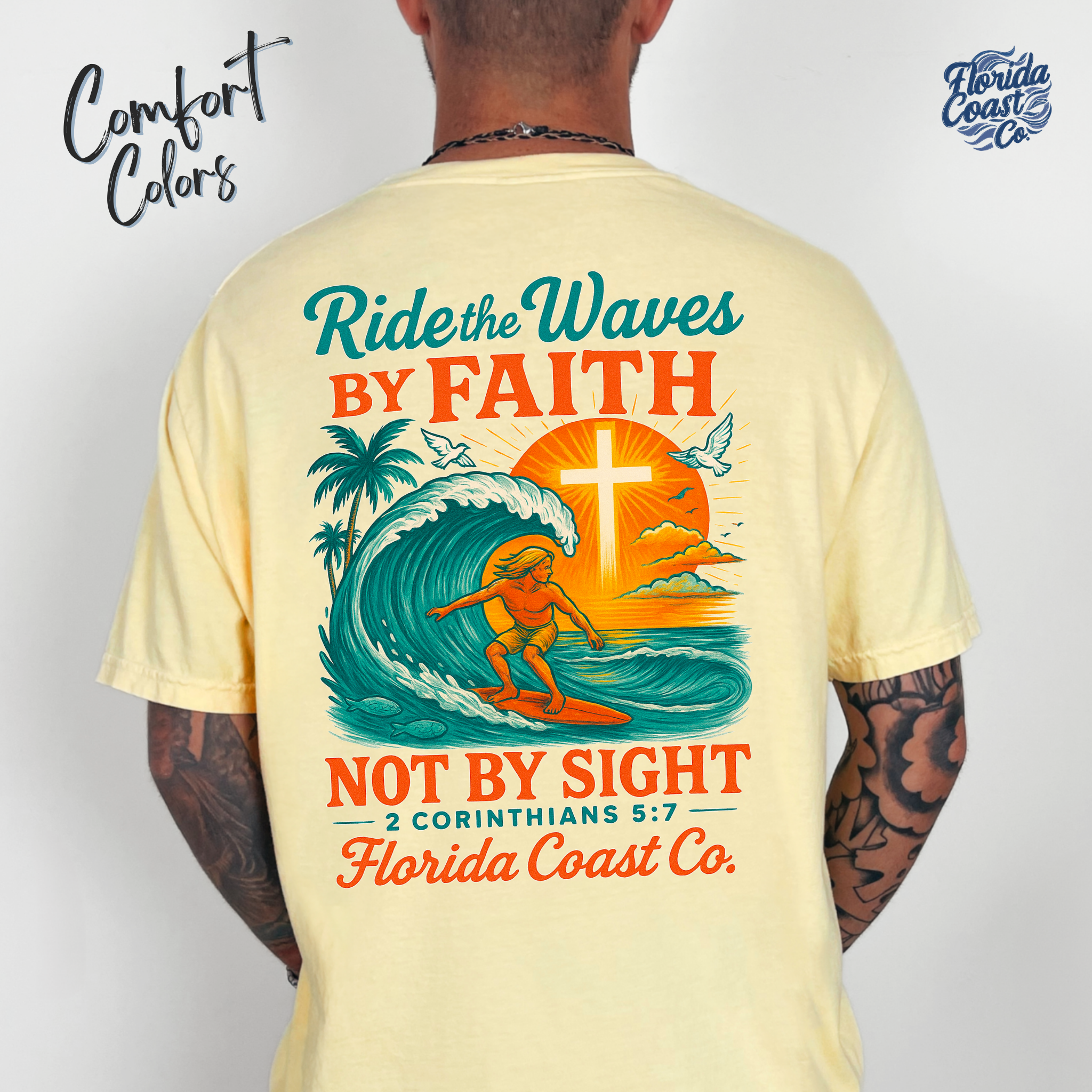 Christian Surf Shirt | Ride the Waves by Faith Shirt | Comfort Colors 1717 | Coastal Preppy Jesus Shirt