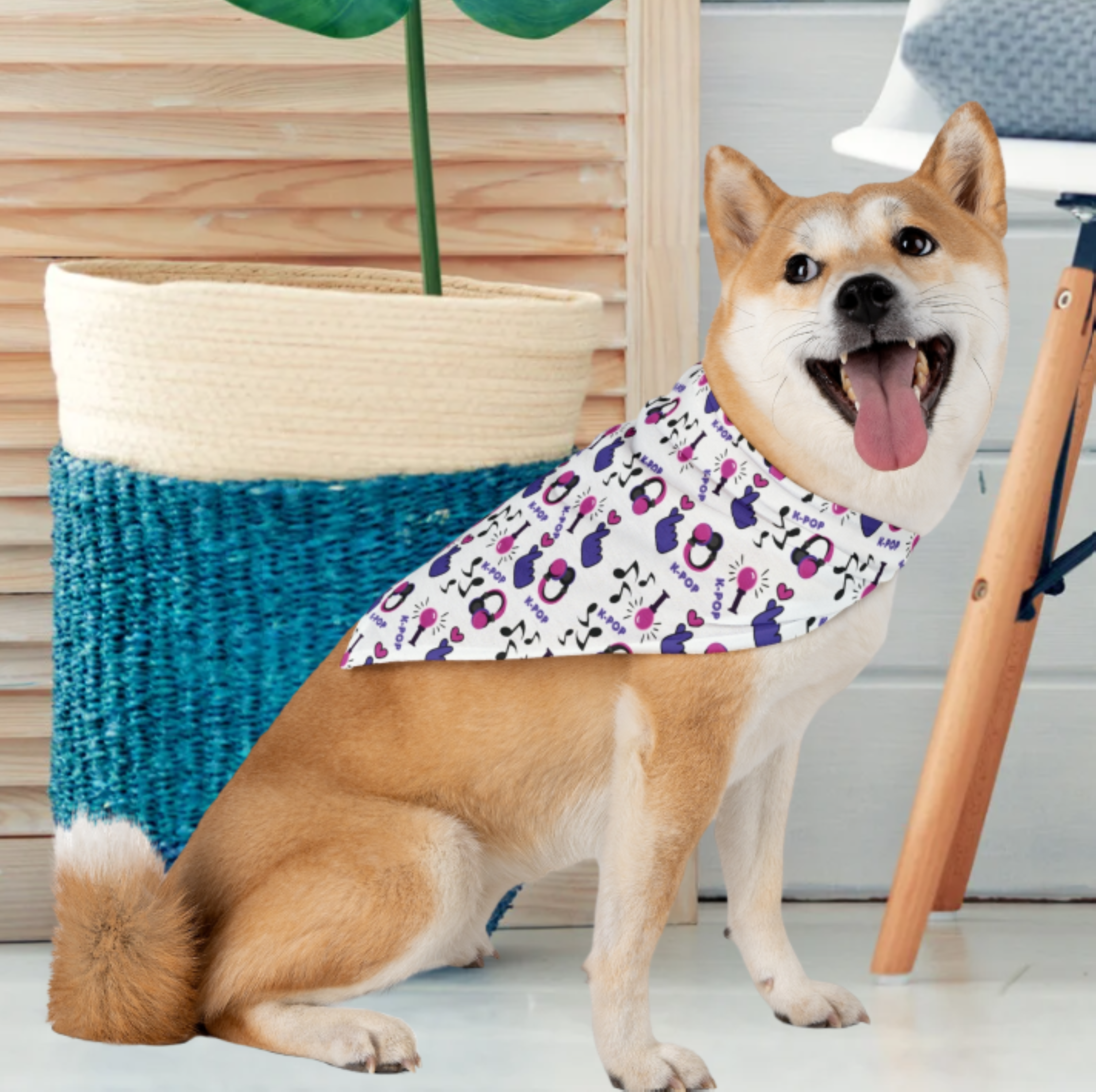 Stylish Pet Bandana for K-Pop Lovers, Dog Accessories, Cat Outfits, Festival Pet Wear, Bandana with Music Notes, Finger Hearts