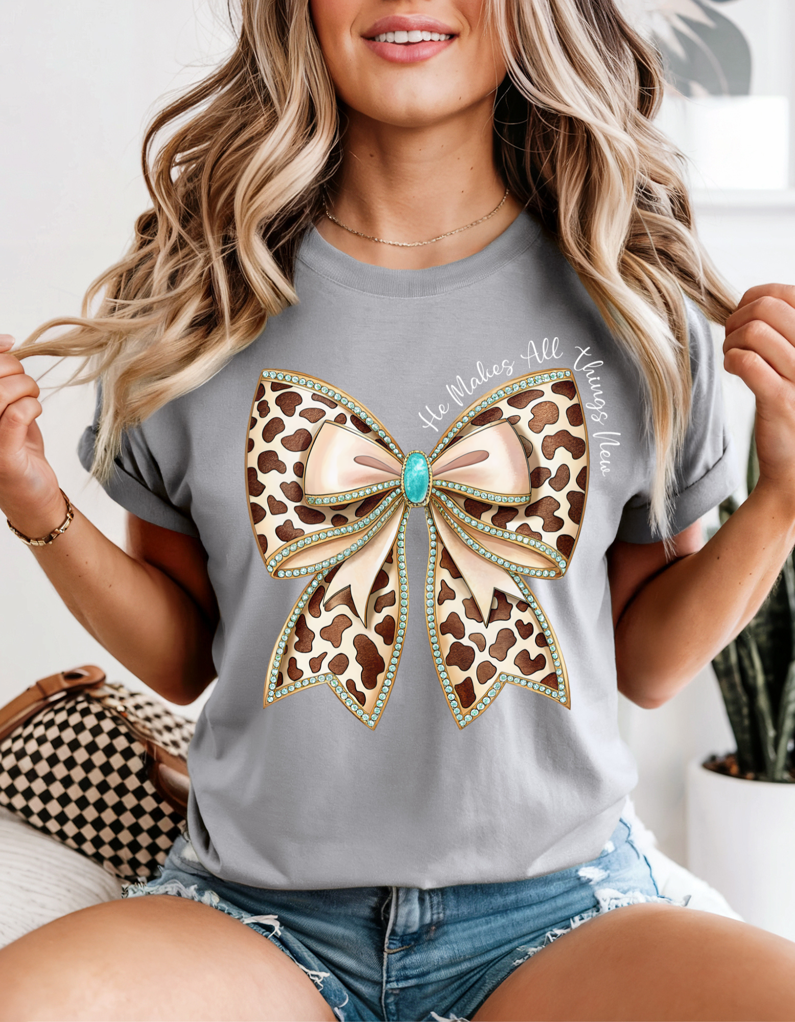 Leopard Print Bow T-Shirt, Stylish Casual Tee, Gift for Her, Trendy Outfit, Fashionable Everyday Wear, Cute Birthday Present product thumbnail image