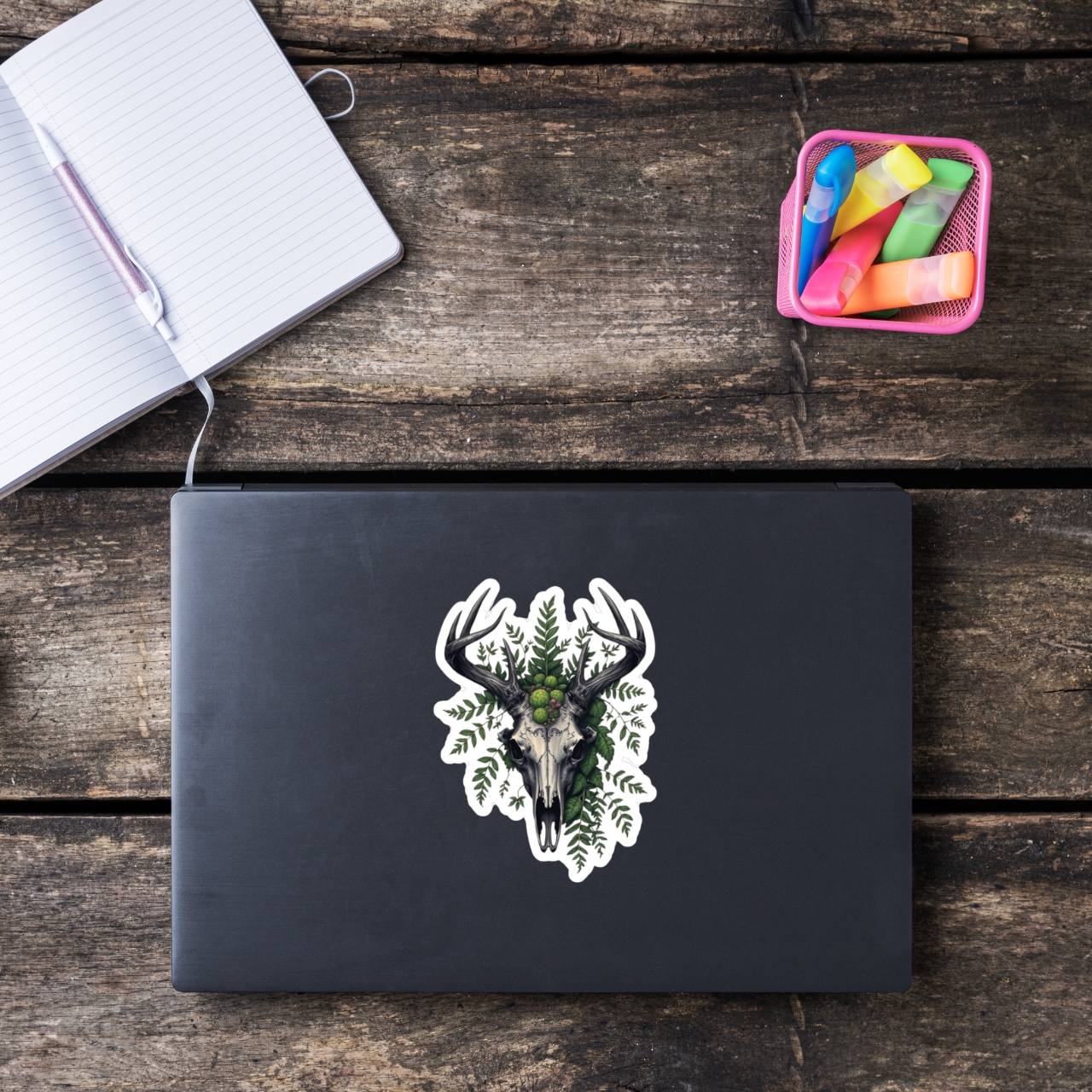 Gothic Deer Skull With Ferns Kiss-Cut Sticker product thumbnail image