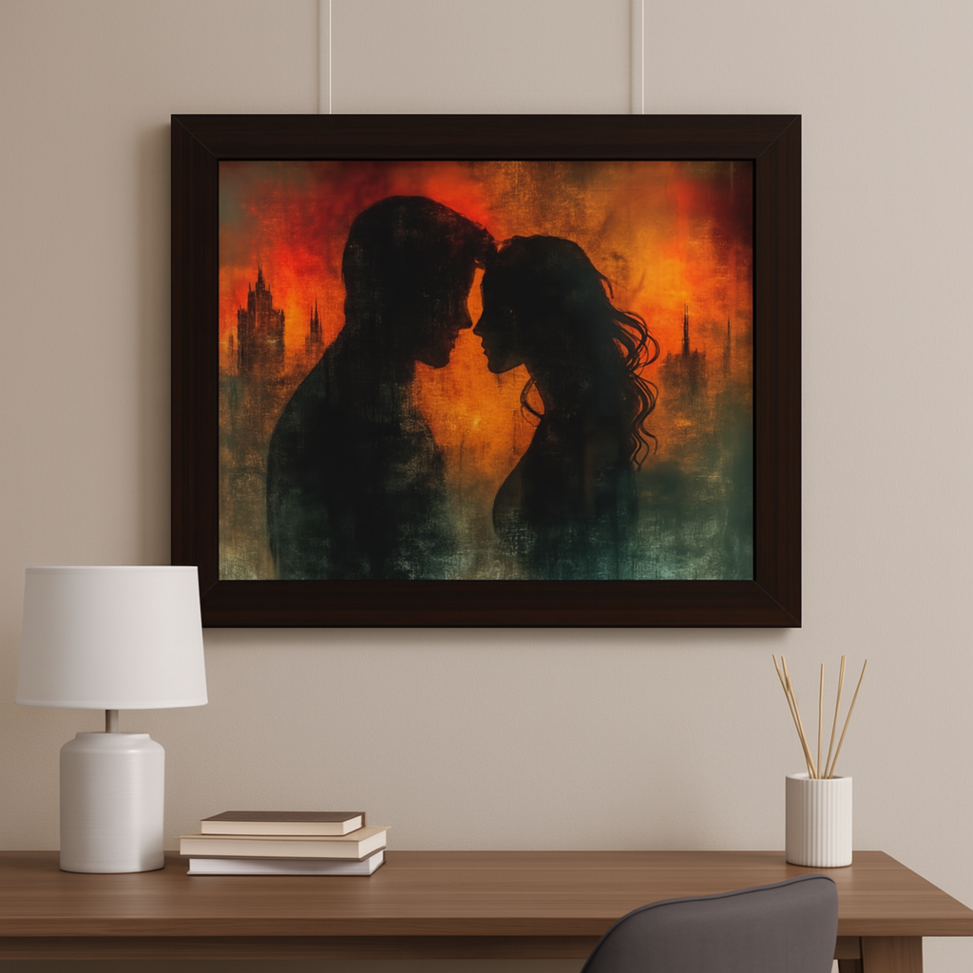 Romantic Silhouette Framed Poster Love Amid War Art Print Moody Couple Wall Decor Horizontal Framed Print for Bedroom or Office