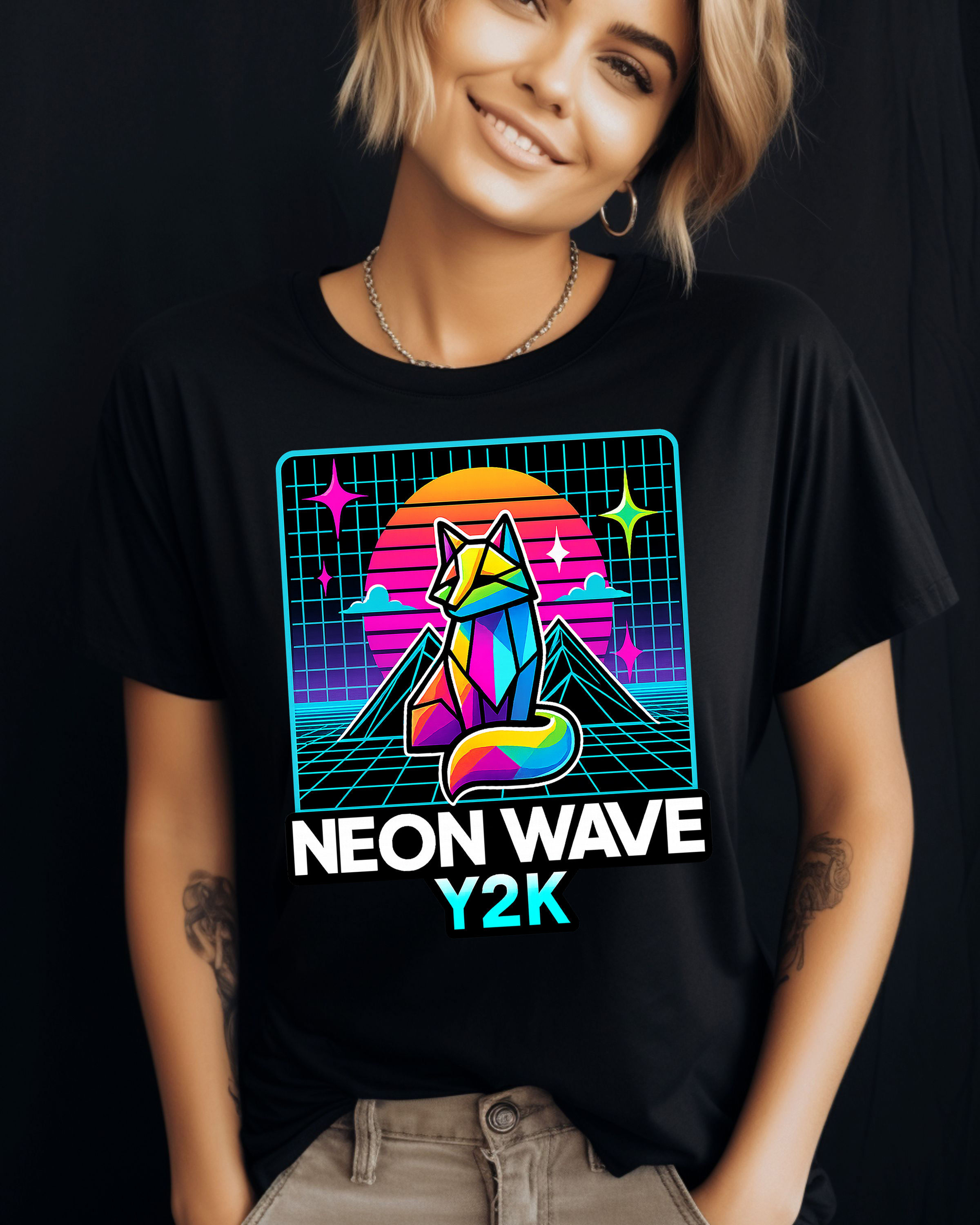 Neon Wave Y2K Graphic Tee Retro Futuristic Grid Fox 2000s Vaporwave Aesthetic Vintage Style Ttop 90s Nostalgia Apparel Gift for Trendsetters product thumbnail image