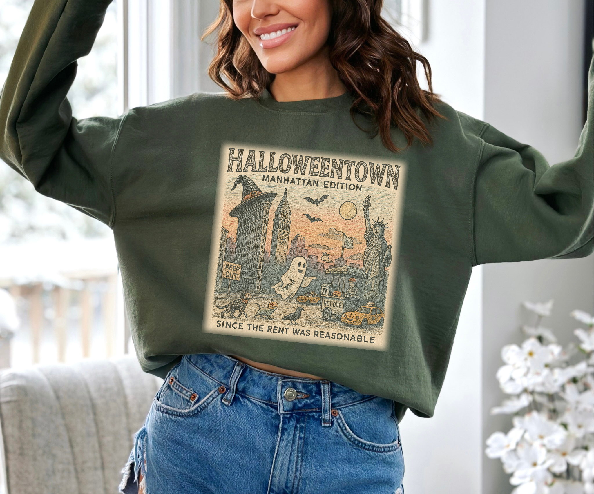 Halloweentown Manhattan Sweatshirt Halloween NYC Shirt Funny Ghost Pumpkin Fall Crewneck Since The Rent Was Reasonable