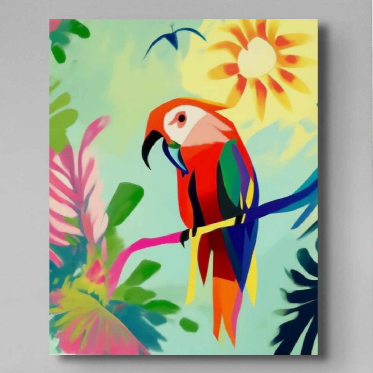 Tropical Parrot on Branch in Jungle Canvas Wall Art - Home Decor, Nature Lover Gift, Wall Decor, Canvas Wall Hangings 