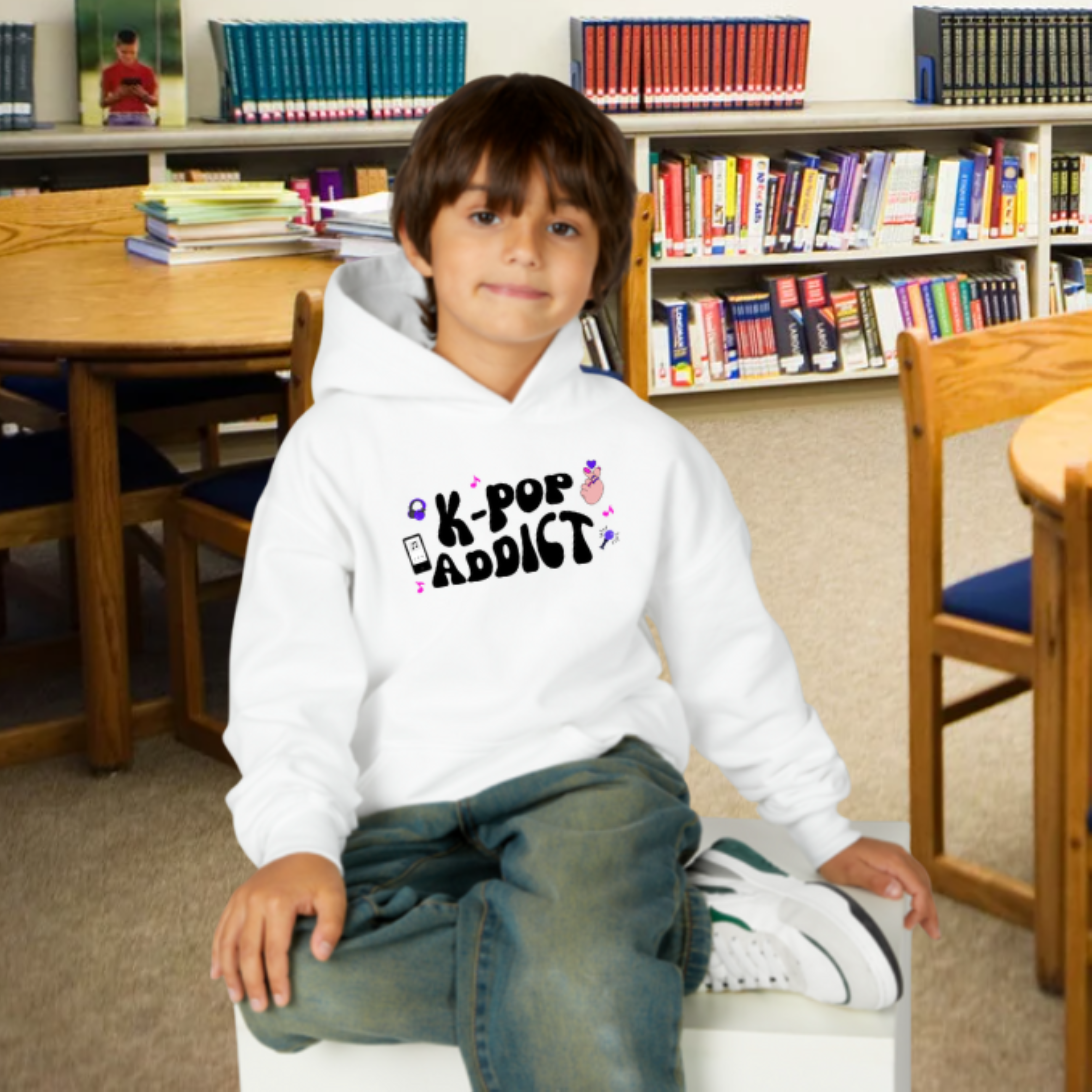 K-Pop Addict Youth Hoodie, Trendy Pullover, Gifts for Music Lovers, Cool Sweatshirt for Teens, Perfect for Concerts and Music Festivals