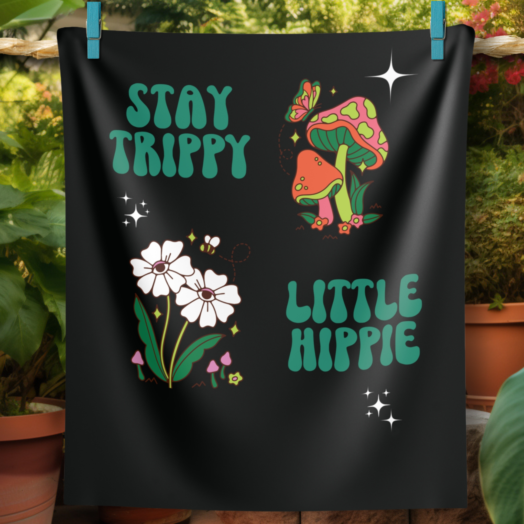 Stay Trippy Little Hippie Black Wall Tapestry -  Perfect For Your Gorge Campsite!