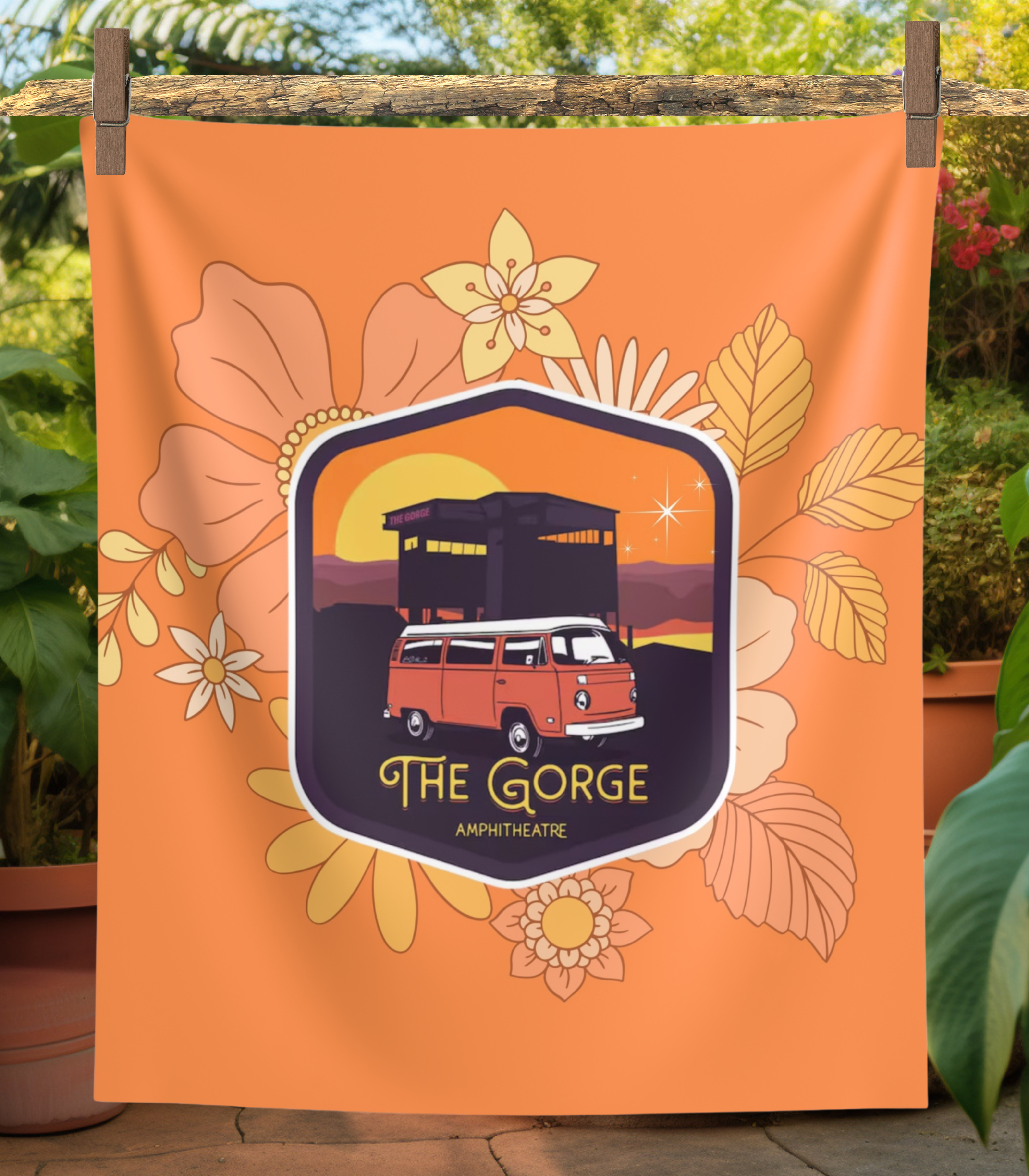 DMB The Gorge Wall Tapestry with Orange Retro Tropical Flower Design  - Perfect For Your Gorge Campsite! - Perfect For Photos!