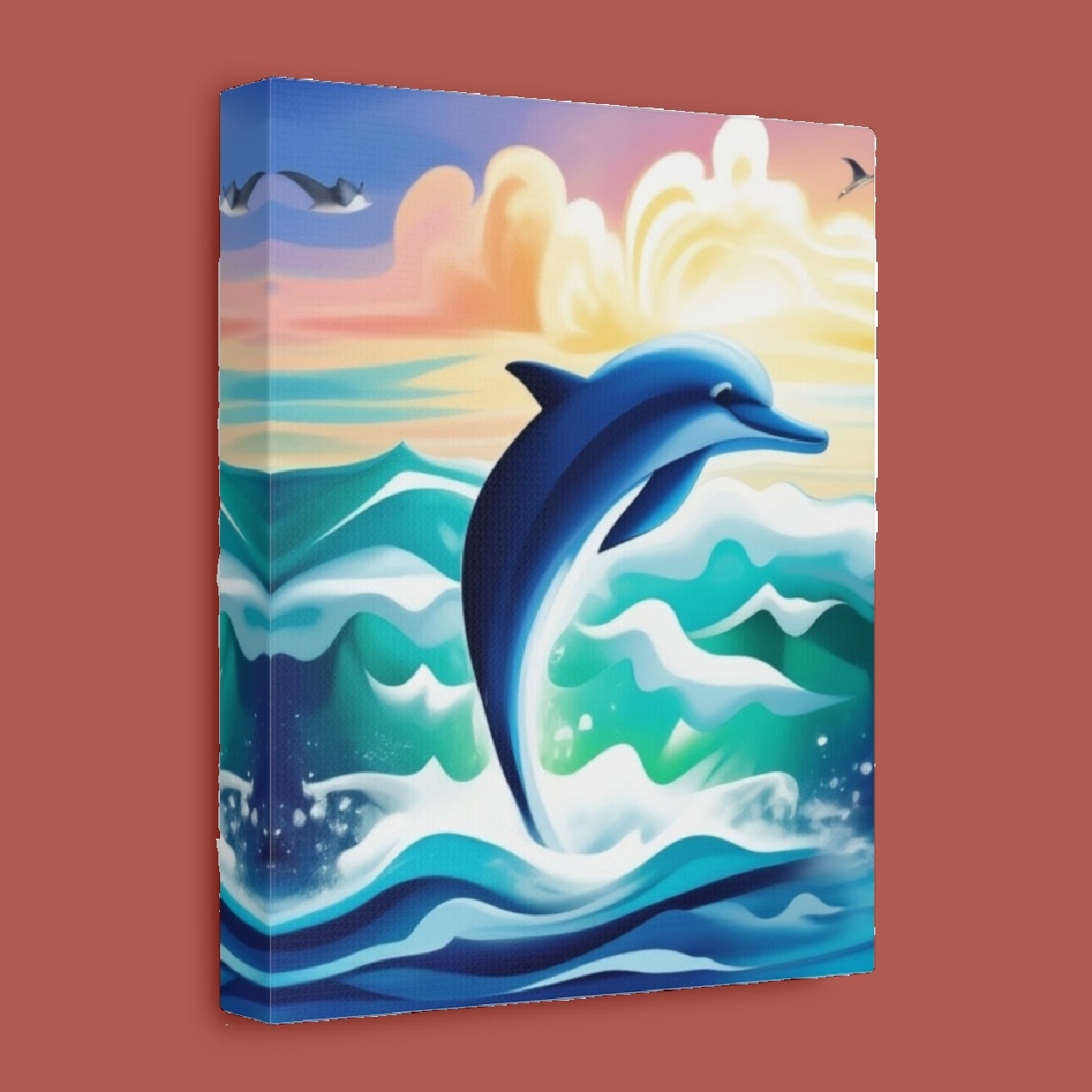 Dolphin Leaping in Colorful Ocean canvas wall art, Coastal Wall Art Decor, Underwater Sea Life Poster, Beach House Decoration, Marine Animal