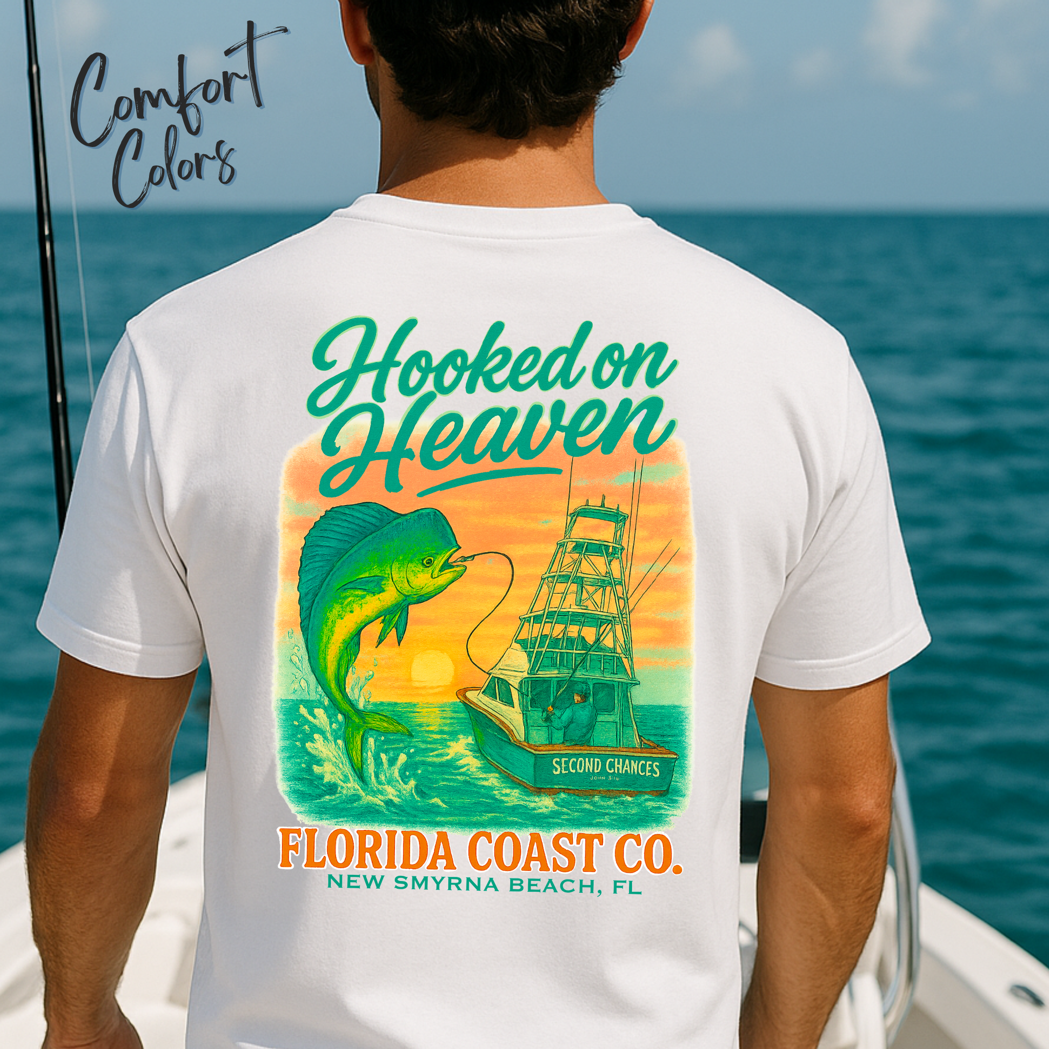 Hooked on Heaven Christian Fishing Shirt | Comfort Colors 1717 Unisex Tee | Bible Verse Boat T-Shirt | Florida Fishing Graphic Tee | Coastal Christian Shirt