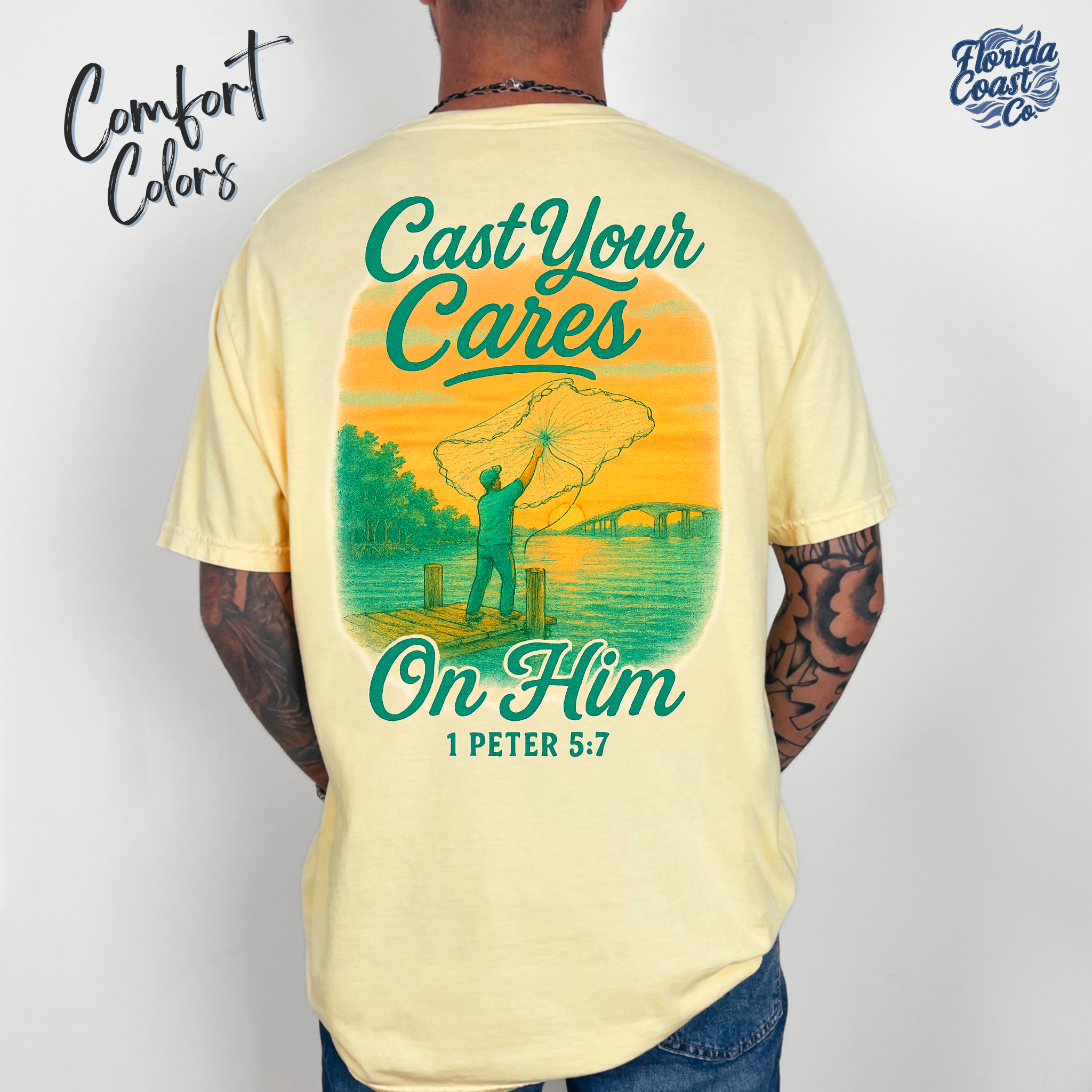 Cast Your Cares On Him Christian Fishing Tee | Comfort Colors Unisex T‑Shirt S‑4XL | 1 Peter 5:7 Faith Fishing Graphic Shirt for Men &amp; Women product thumbnail image