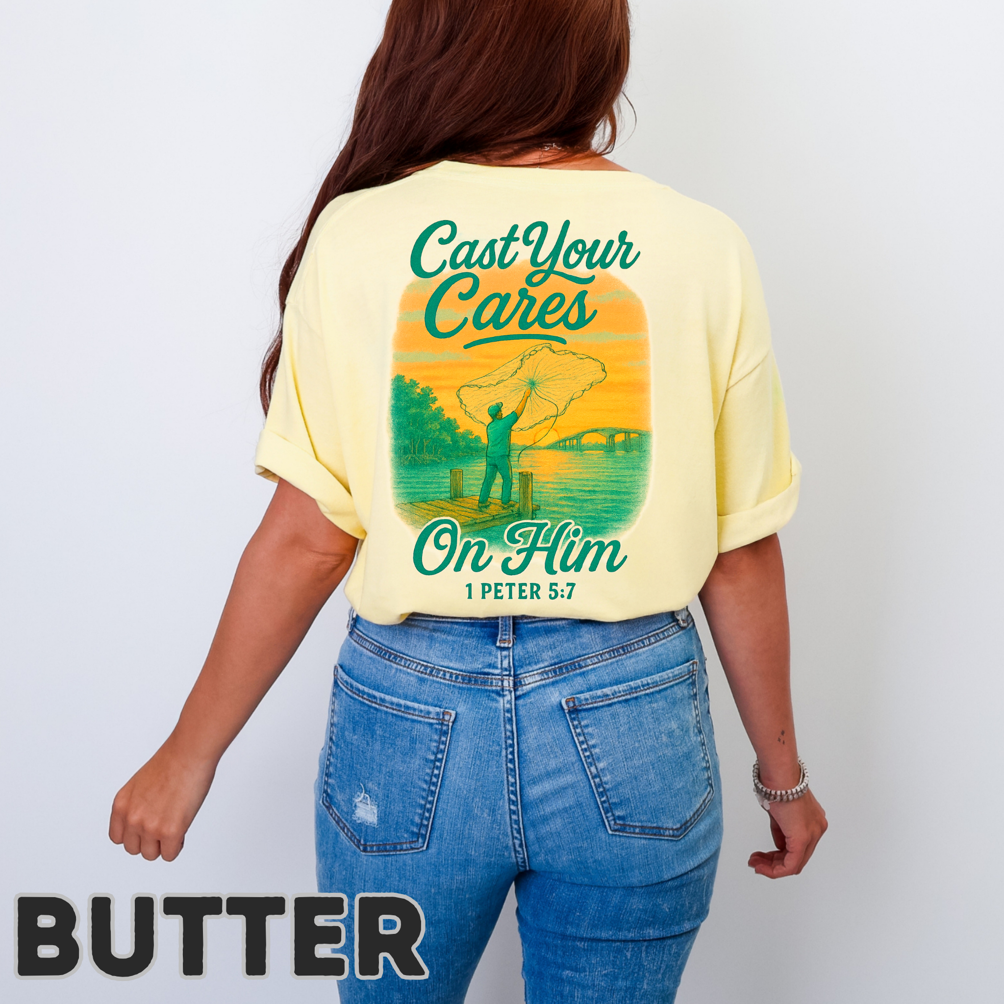Cast Your Cares On Him Christian Fishing Tee | Comfort Colors Unisex T‑Shirt S‑4XL | 1 Peter 5:7 Faith Fishing Graphic Shirt for Men &amp; Women product thumbnail image