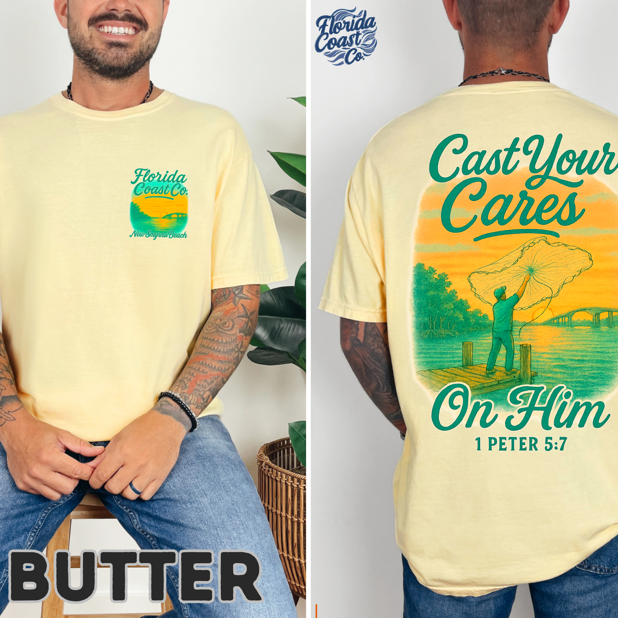 Cast Your Cares On Him Christian Fishing Tee | Comfort Colors Unisex T‑Shirt S‑4XL | 1 Peter 5:7 Faith Fishing Graphic Shirt for Men &amp; Women product thumbnail image