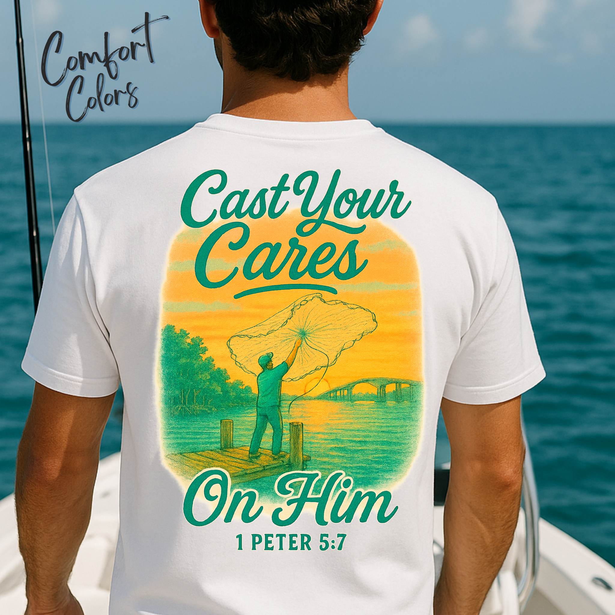 Cast Your Cares On Him Christian Fishing Tee | Comfort Colors Unisex T‑Shirt S‑4XL | 1 Peter 5:7 Faith Fishing Graphic Shirt for Men &amp; Women product thumbnail image