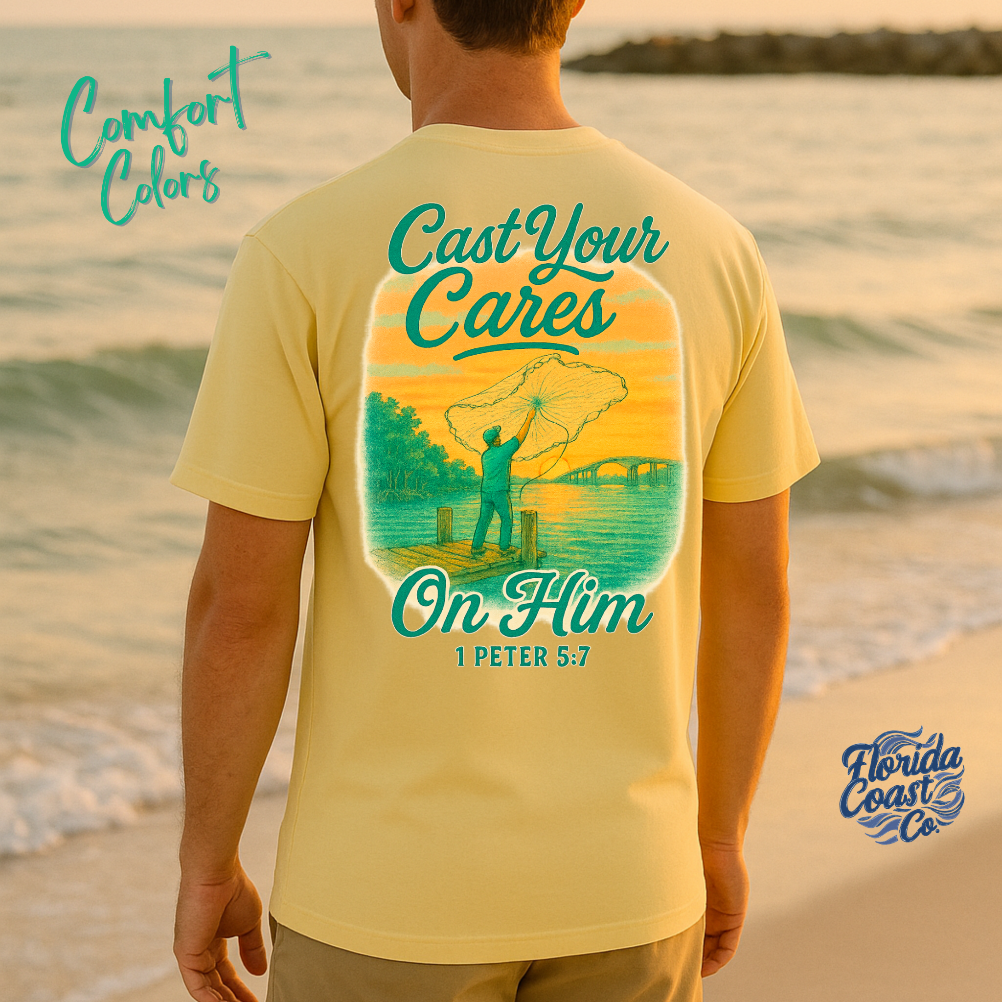 Cast Your Cares On Him Christian Fishing Tee | Comfort Colors Unisex T‑Shirt S‑4XL | 1 Peter 5:7 Faith Fishing Graphic Shirt for Men &amp; Women