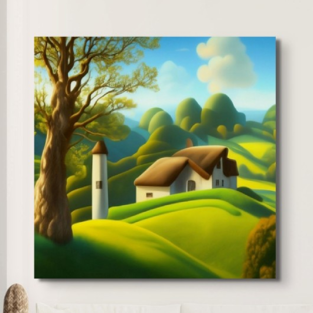 Large Canvas Wall Art in Ireland Green Grass with 2 Cottages
