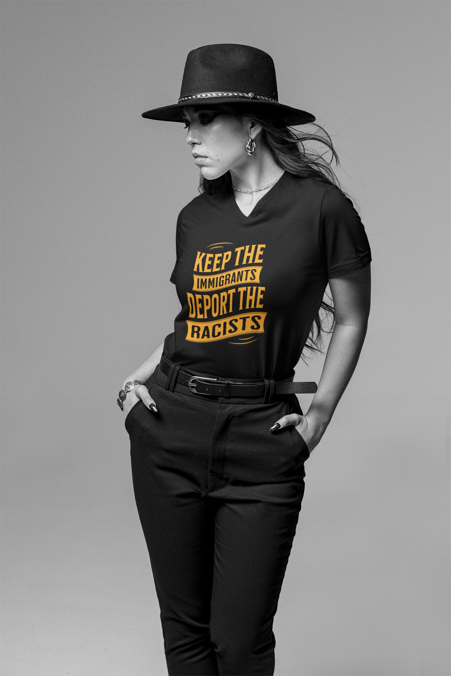 Unisex V-Neck Tee - Keep the Immigrants, Deport the Racists, Social Activism Shirt, Protests, Political Apparel, Statement Tee, Casual Wear product thumbnail image