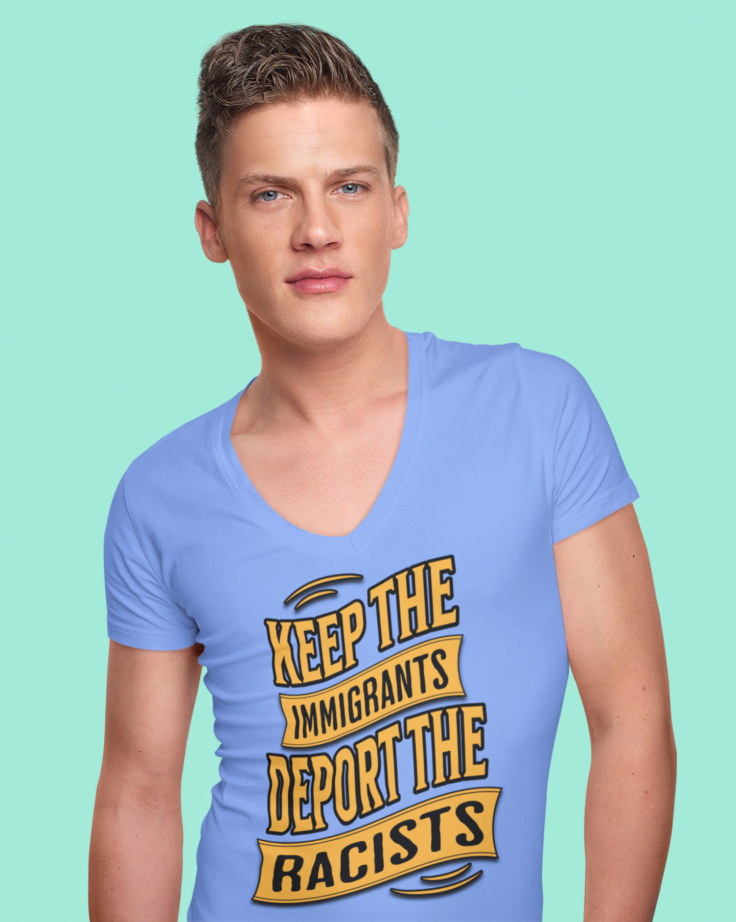 Unisex V-Neck Tee - Keep the Immigrants, Deport the Racists, Social Activism Shirt, Protests, Political Apparel, Statement Tee, Casual Wear product thumbnail image