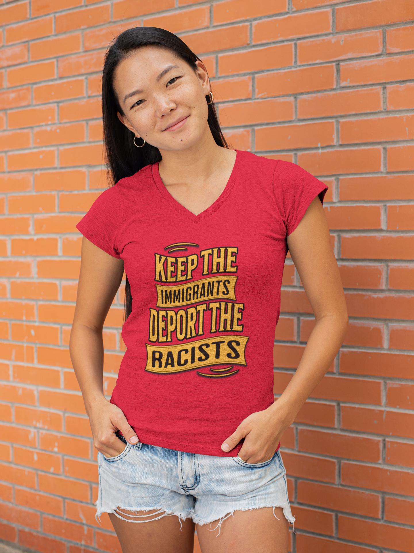 Unisex V-Neck Tee - Keep the Immigrants, Deport the Racists, Social Activism Shirt, Protests, Political Apparel, Statement Tee, Casual Wear product thumbnail image