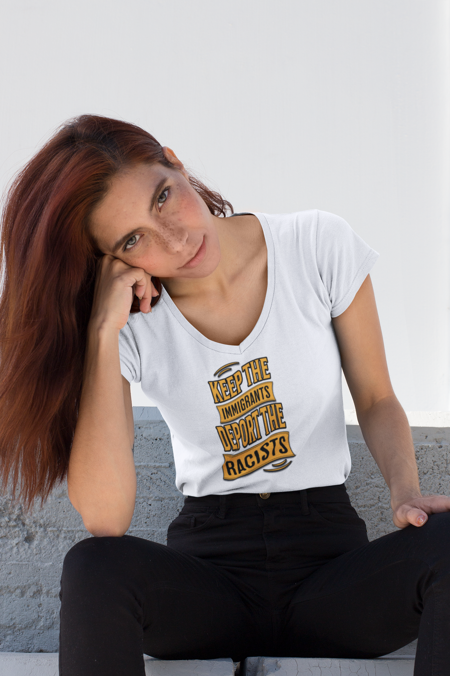 Unisex V-Neck Tee - Keep the Immigrants, Deport the Racists, Social Activism Shirt, Protests, Political Apparel, Statement Tee, Casual Wear product thumbnail image