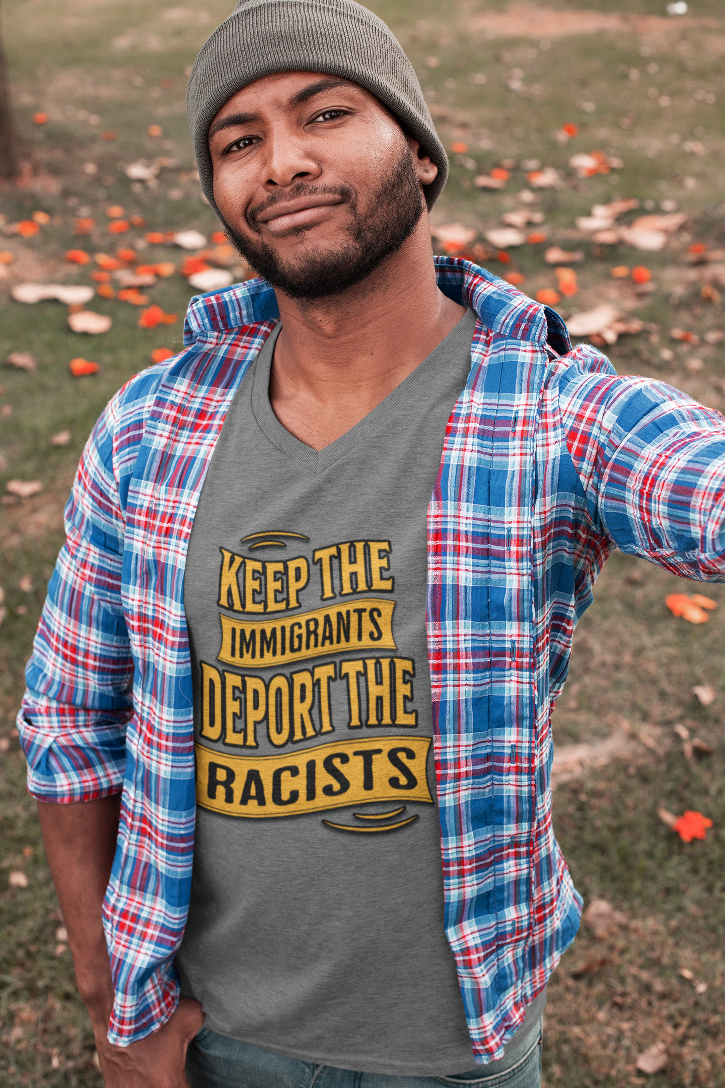 Unisex V-Neck Tee - Keep the Immigrants, Deport the Racists, Social Activism Shirt, Protests, Political Apparel, Statement Tee, Casual Wear product thumbnail image