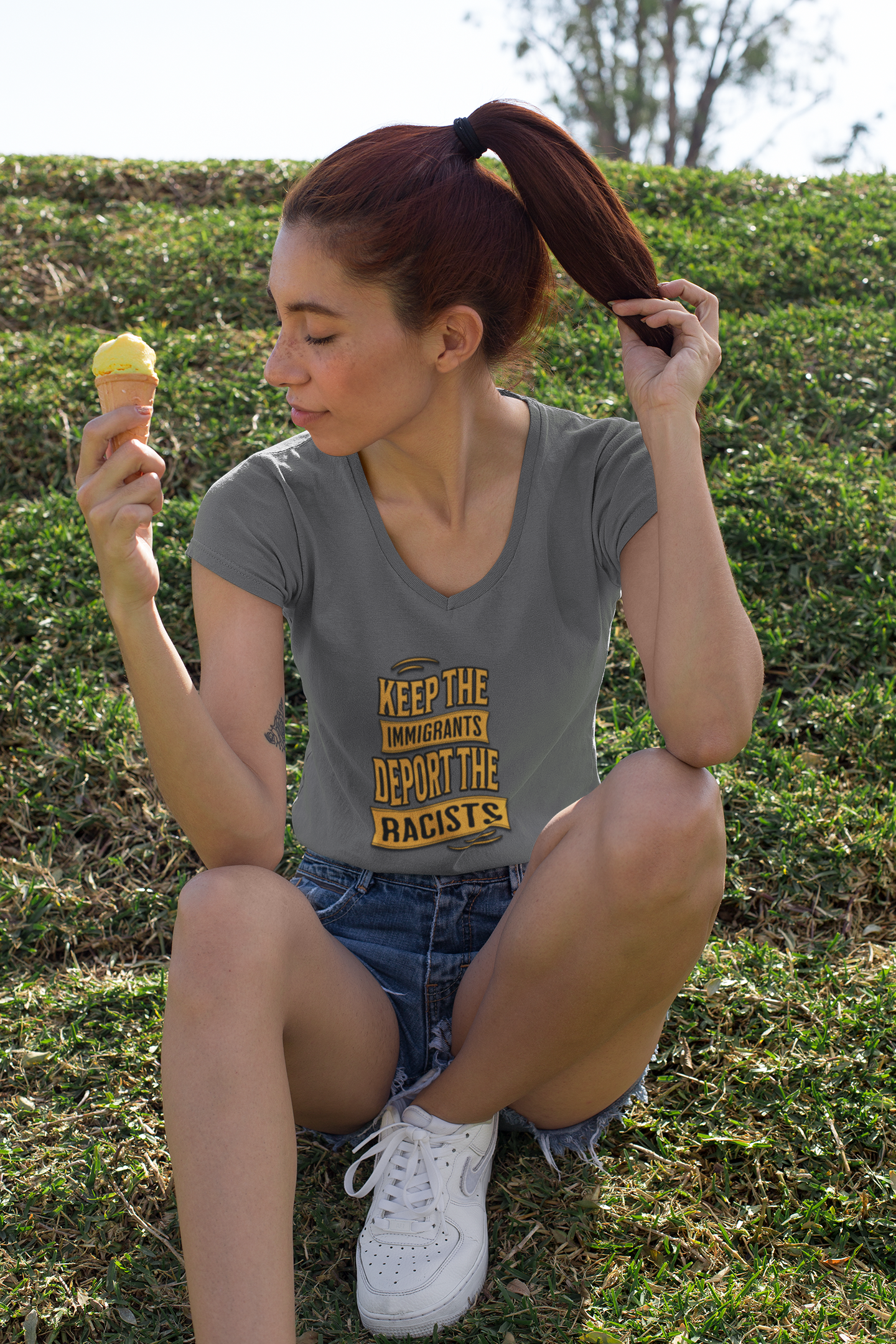 Unisex V-Neck Tee - Keep the Immigrants, Deport the Racists, Social Activism Shirt, Protests, Political Apparel, Statement Tee, Casual Wear product thumbnail image