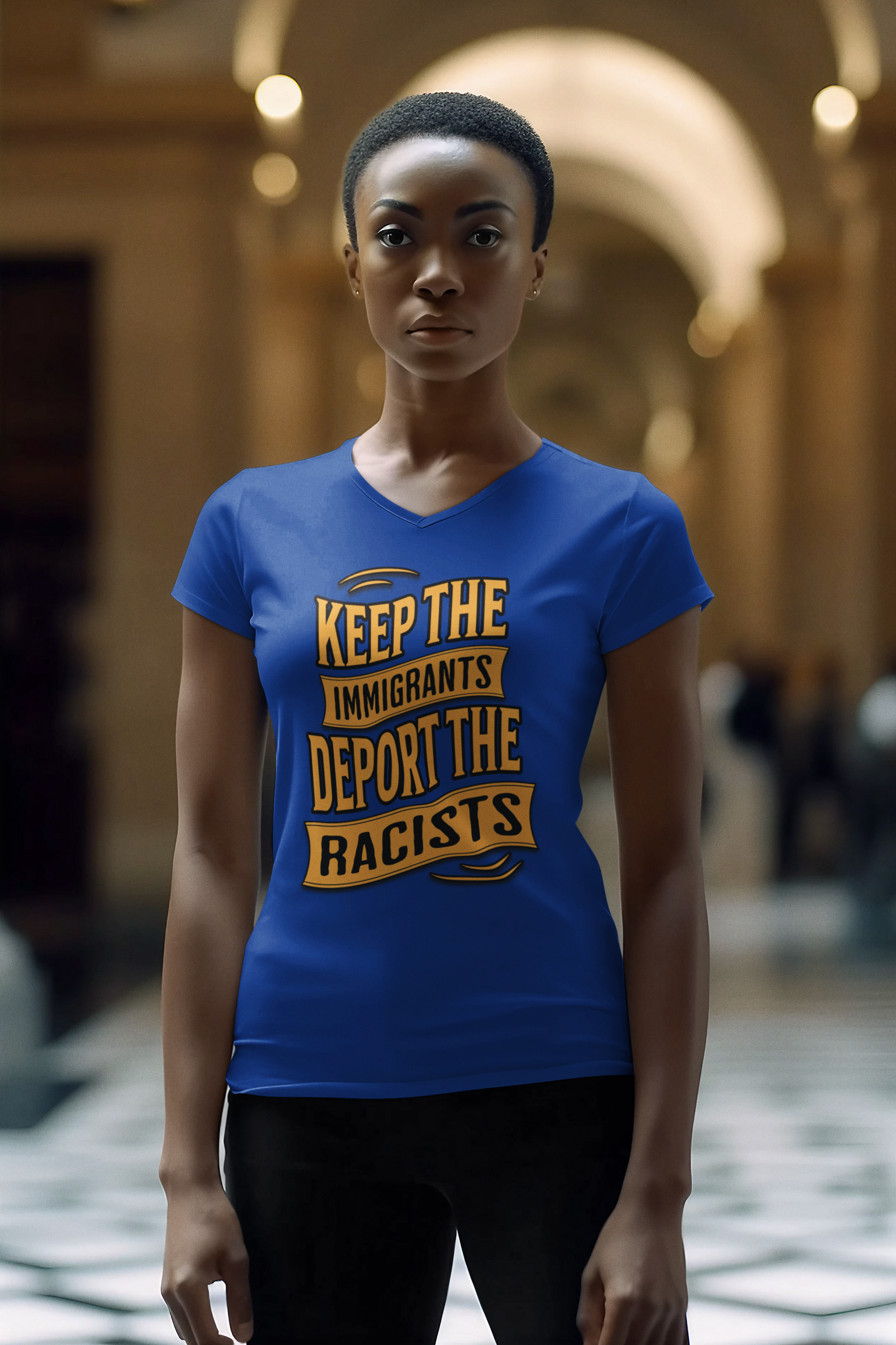 Unisex V-Neck Tee - Keep the Immigrants, Deport the Racists, Social Activism Shirt, Protests, Political Apparel, Statement Tee, Casual Wear product thumbnail image