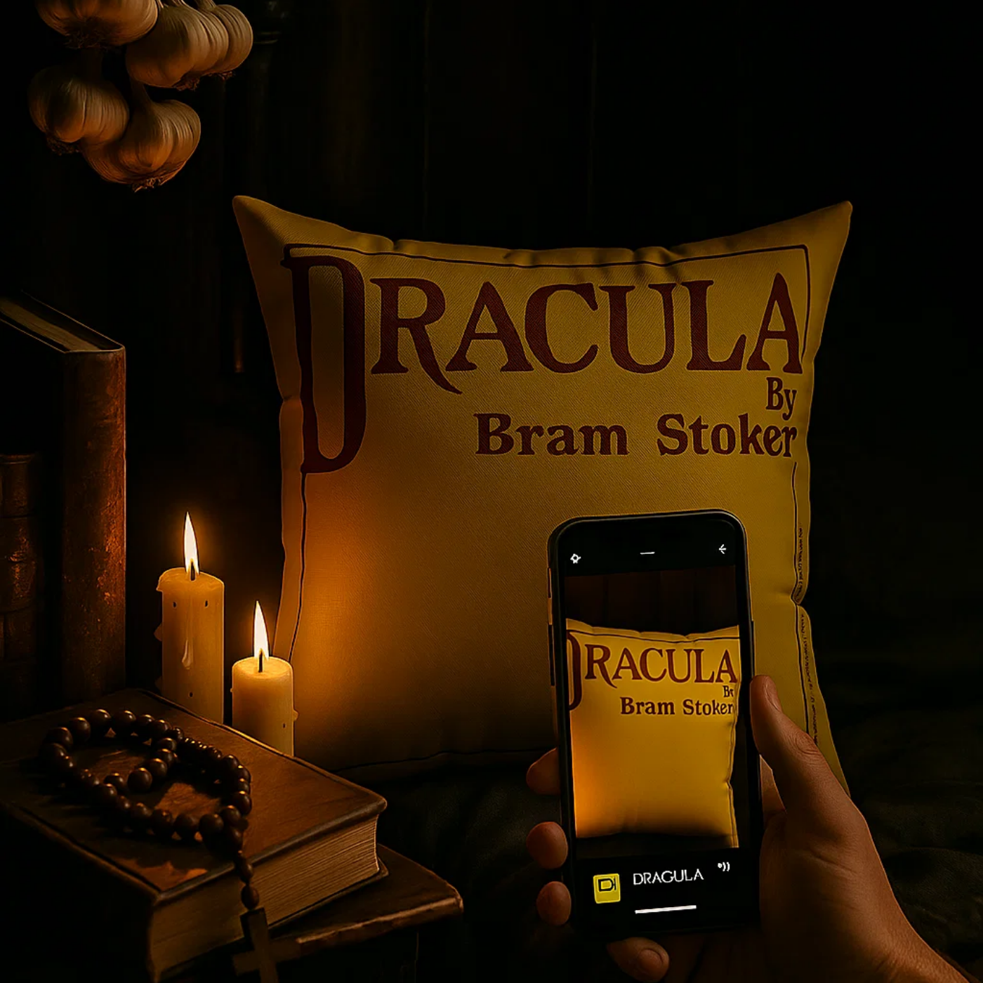 Dracula 1897 Faux Suede Pillow / First Edition Yellow/Red Design + Augmented Reality product thumbnail image Dracula 1897 Faux Suede Pillow / First Edition Yellow/Red Design + Augmented Reality product thumbnail image
