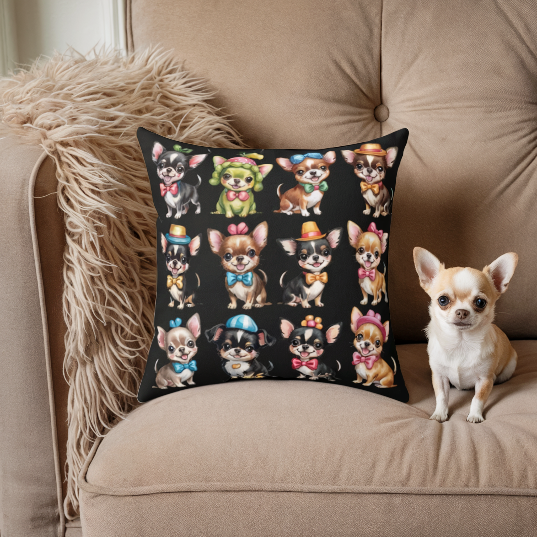 Chihuahuas Wearing Hats Dog Bunch  - Polyester Square Throw Pillow product thumbnail image