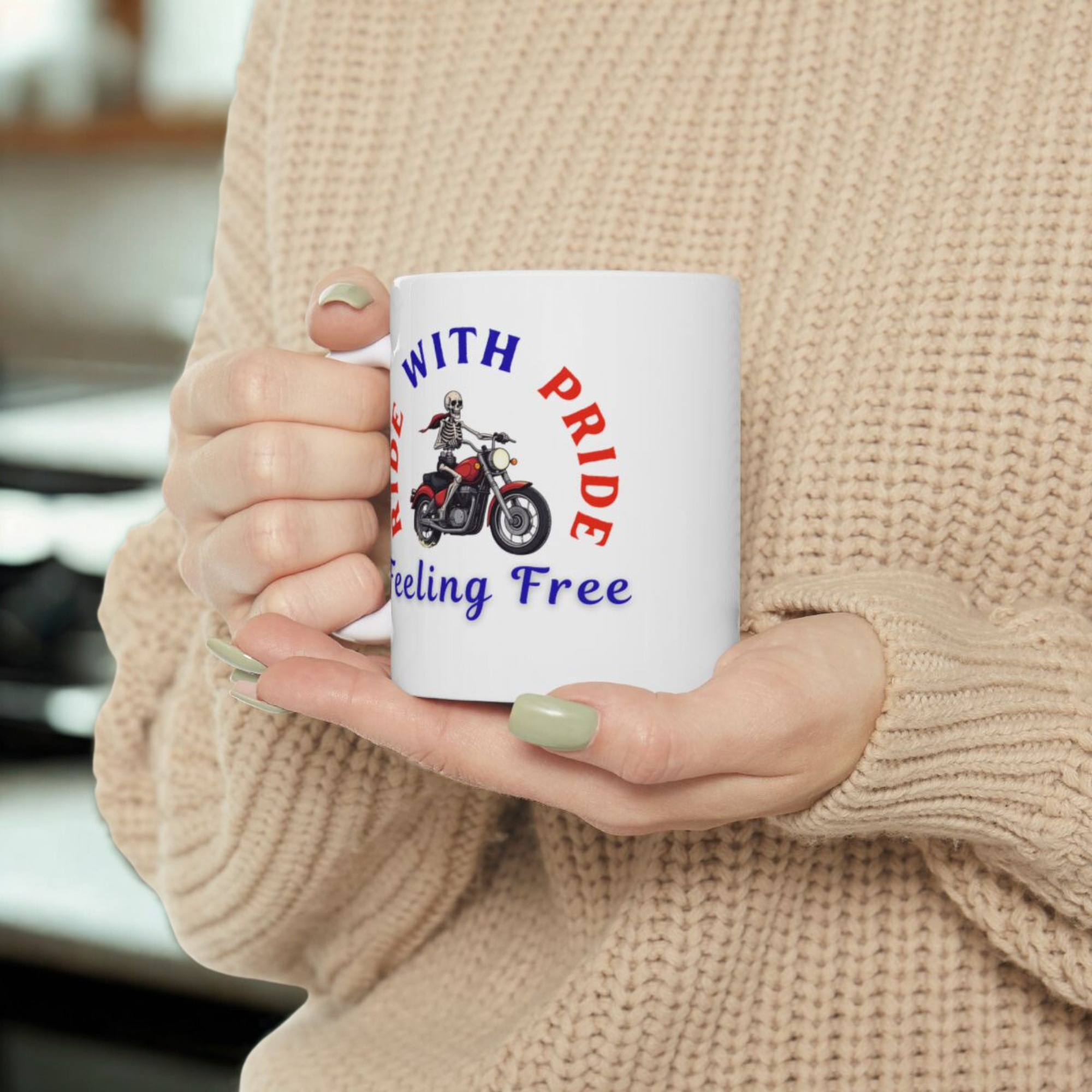Ride with Pride Skeleton Biker Mug Feeling Free Motorcycle Coffee Cup | Red Blue Patriotic Skull Rider Ceramic Mug | 11oz and 15oz Gift for Bikers product thumbnail image Ride with Pride Skeleton Biker Mug Feeling Free Motorcycle Coffee Cup | Red Blue Patriotic Skull Rider Ceramic Mug | 11oz and 15oz Gift for Bikers product thumbnail image