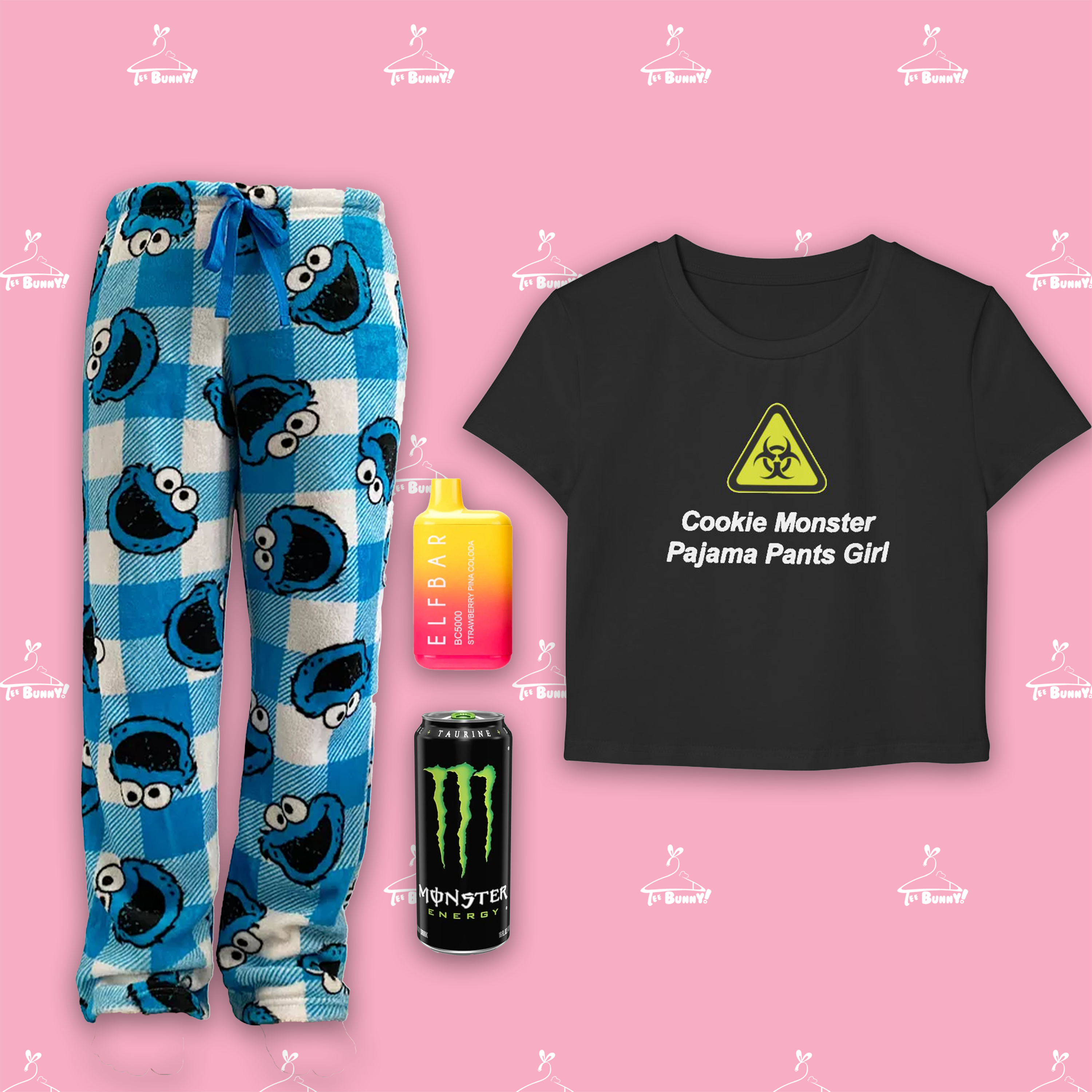Cookie Monster Pajama Pants Girl - (Unisex Cropped Baby Tee) Cookie Monster Pajama Pants Girl - (Unisex Cropped Baby Tee)