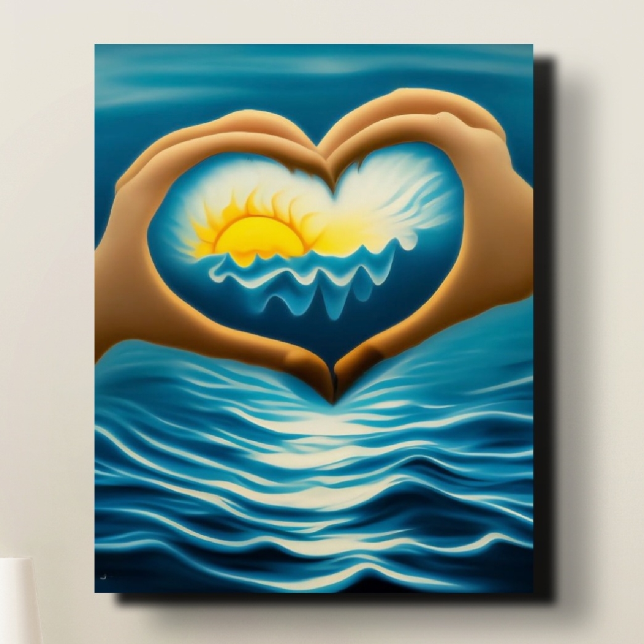 Two Hands making the Love Symbol Canvas Wall Art Ocean and Love Print