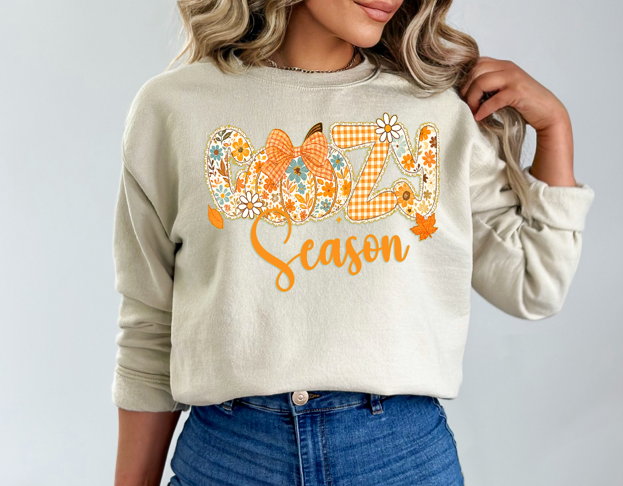 Cozy Season Sweatshirt Fall Pumpkin Gingham &amp; Floral Crewneck, Autumn Thanksgiving Cozy Sweater, autumn crewneck Cute Fall Gift for Her