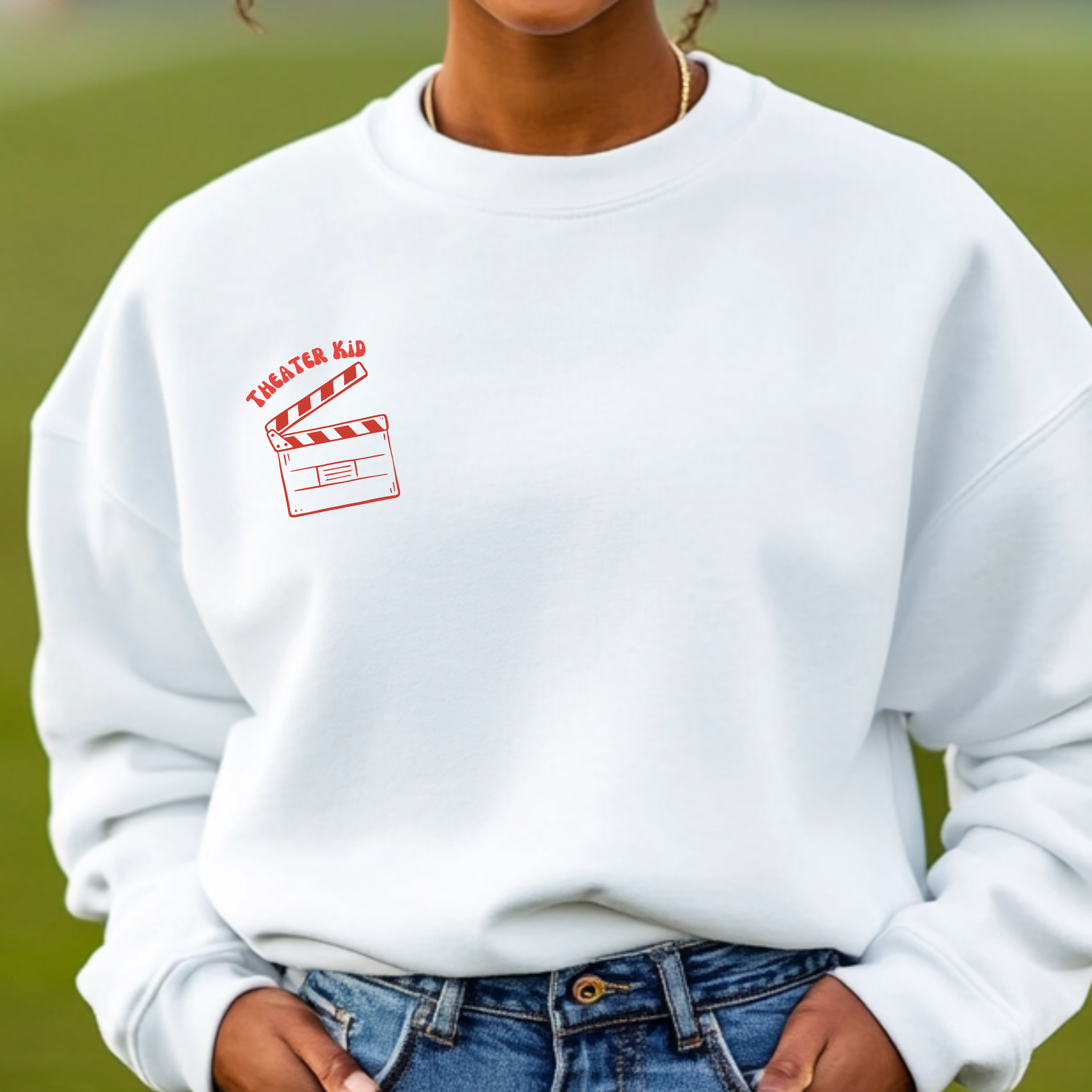 Musical Theater Crewneck for Drama Kids, Teens &amp; Students, Cue the Drama Theater Sweatshirt, Sleeve Personalization Available product thumbnail image