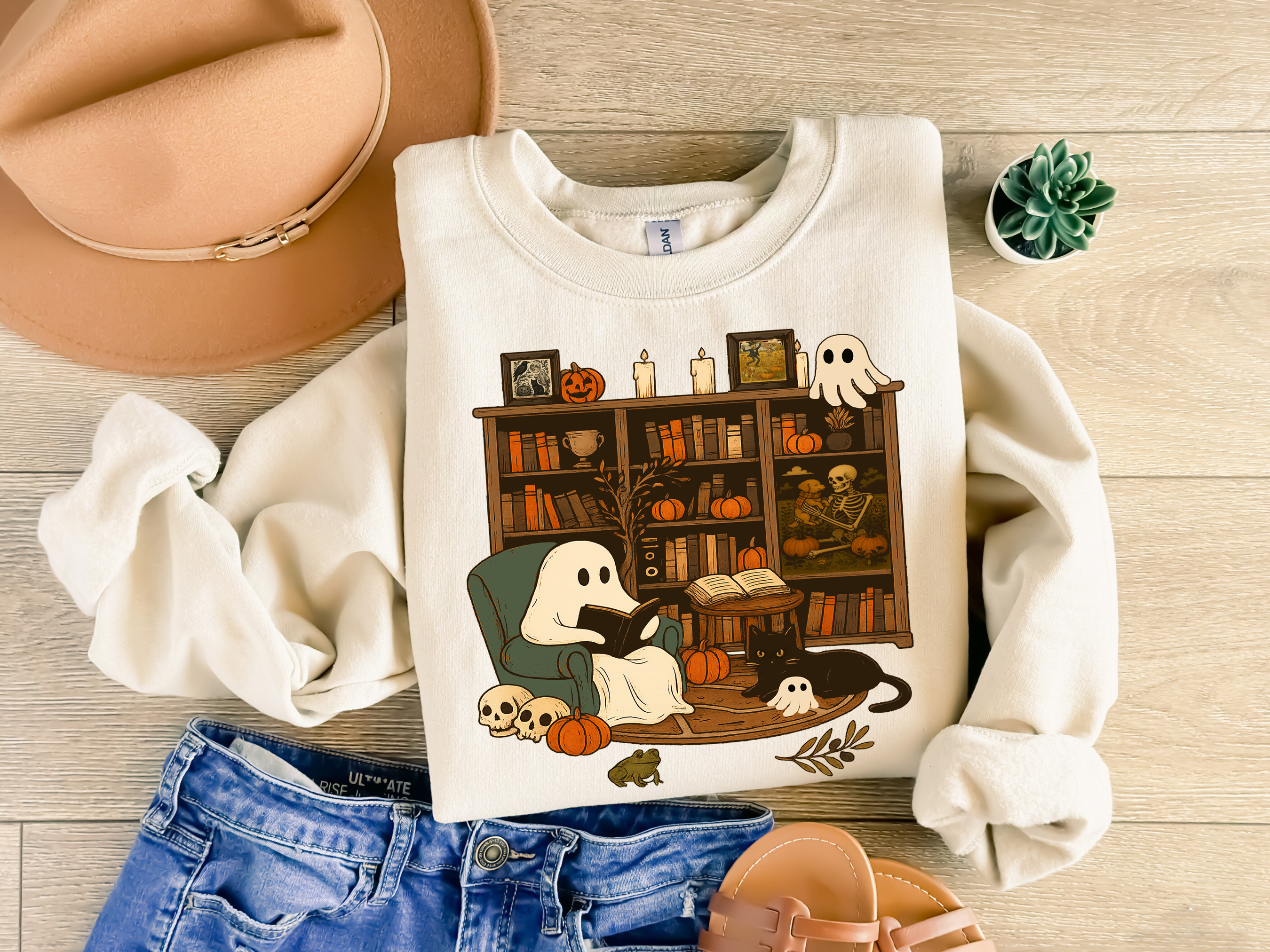 Ghost Reading Halloween Sweatshirt Cute Teacher Gift Cozy Fall Bookish Shirt, Librarian Ghost, Boo School Outfit, Cat Lover Crewneck