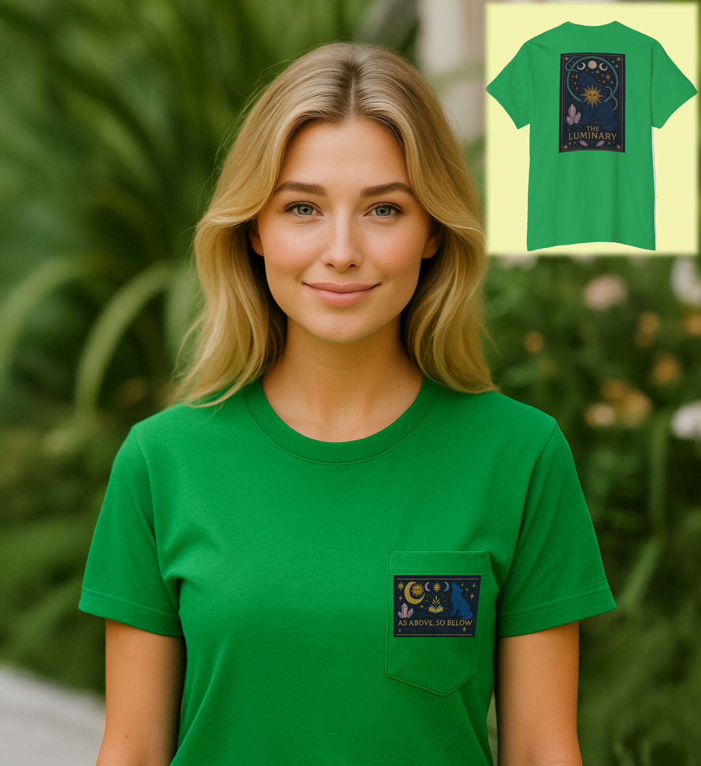 Celestial Tarot Shirt Sun Moon Pocket Tee Witchy T-Shirt with Faux Embroidery Design Spiritual Graphic Tee Gift for Her Double Sided Shirt product thumbnail image Celestial Tarot Shirt Sun Moon Pocket Tee Witchy T-Shirt with Faux Embroidery Design Spiritual Graphic Tee Gift for Her Double Sided Shirt product thumbnail image