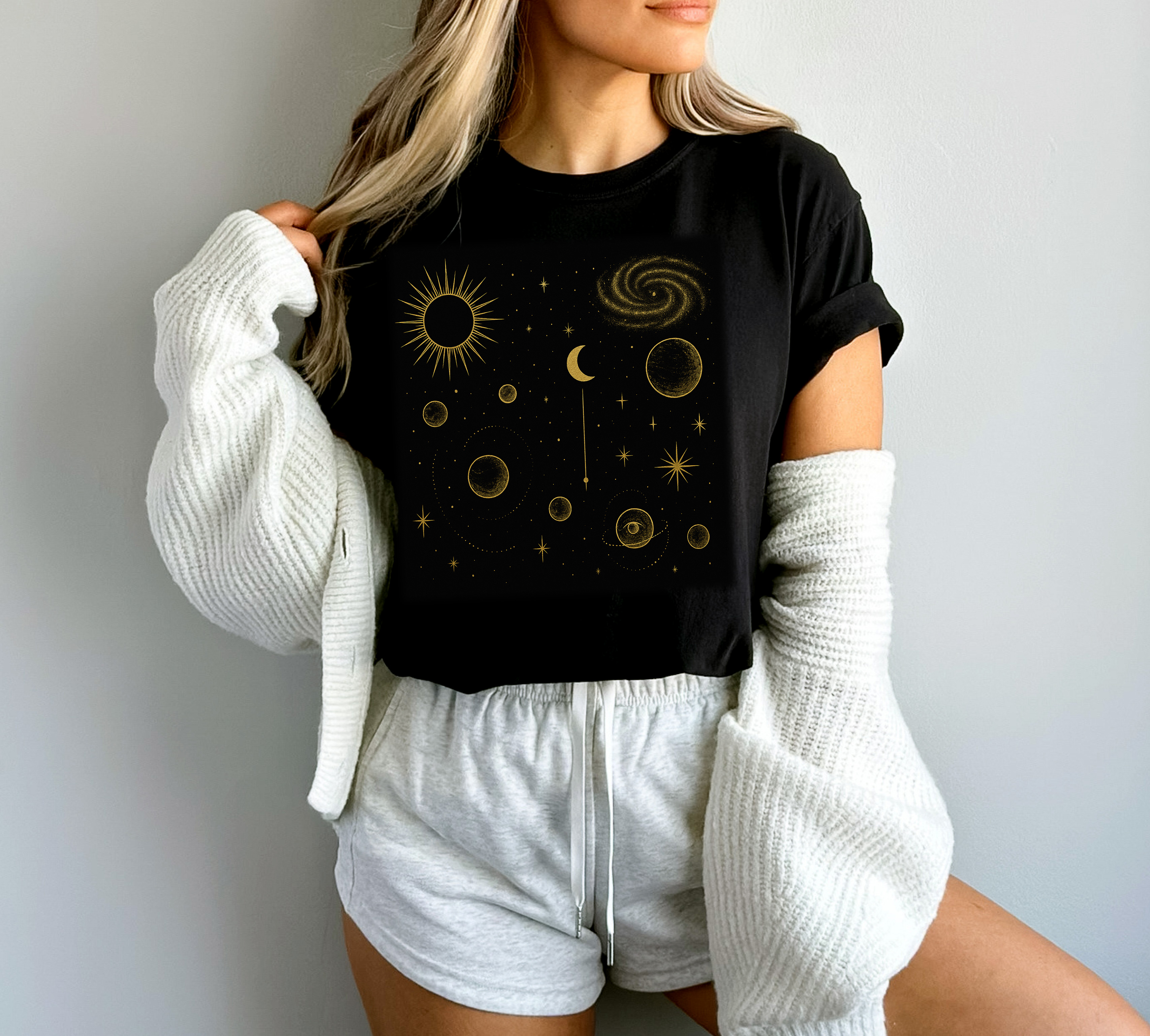 Gold Celestial Shirt Sun Moon Stars Galaxy Tee, Mystical Comfort Colors Astrology Gift, Boho Spiritual Aesthetic Vintage Shirt Universe Top