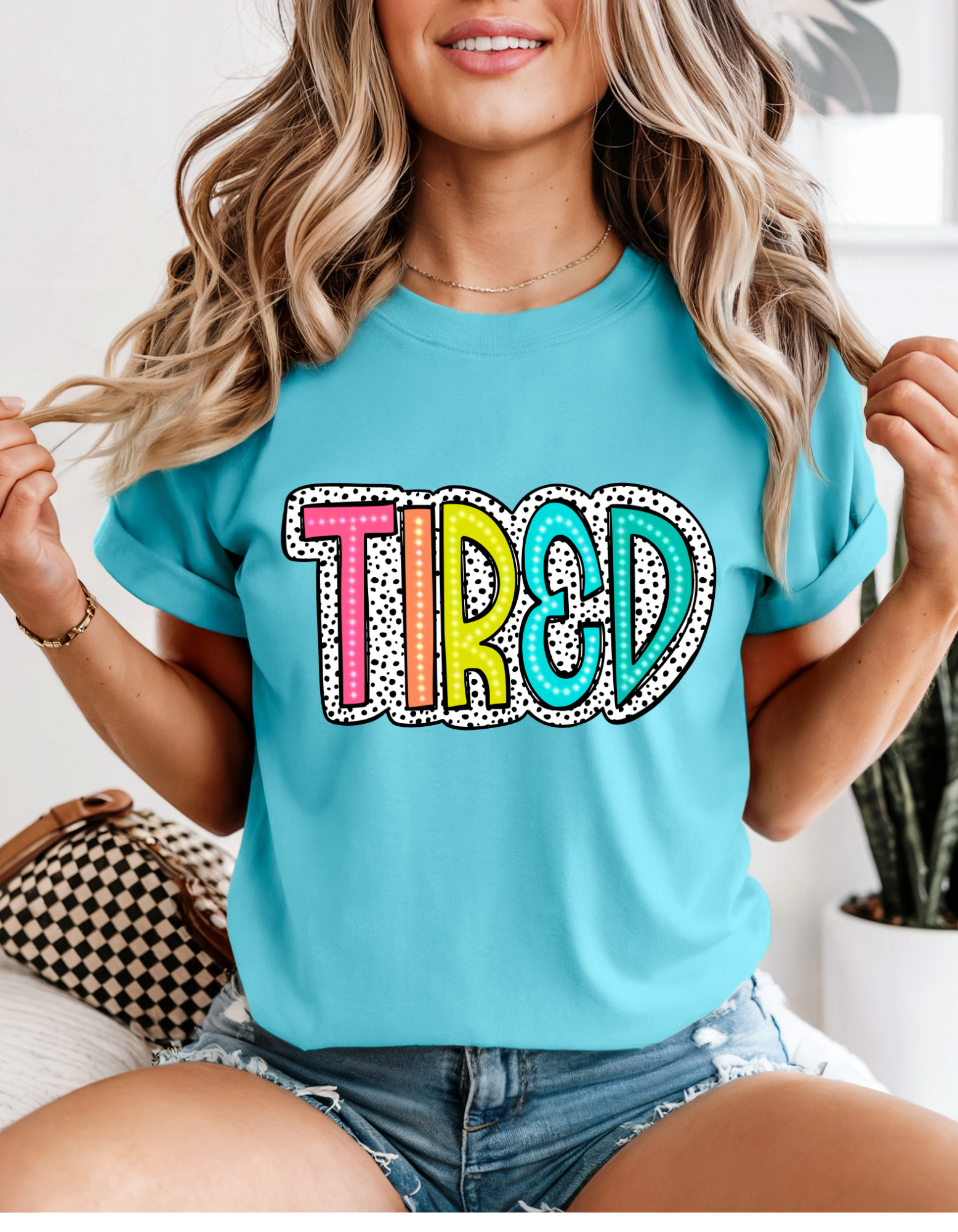 Colorful 'Tired' Unisex Garment-Dyed T-Shirt, Fun Casual Wear, Gift for Friends, Relaxed Vibes, Self-Care Apparel, Spring/Summer Fashion