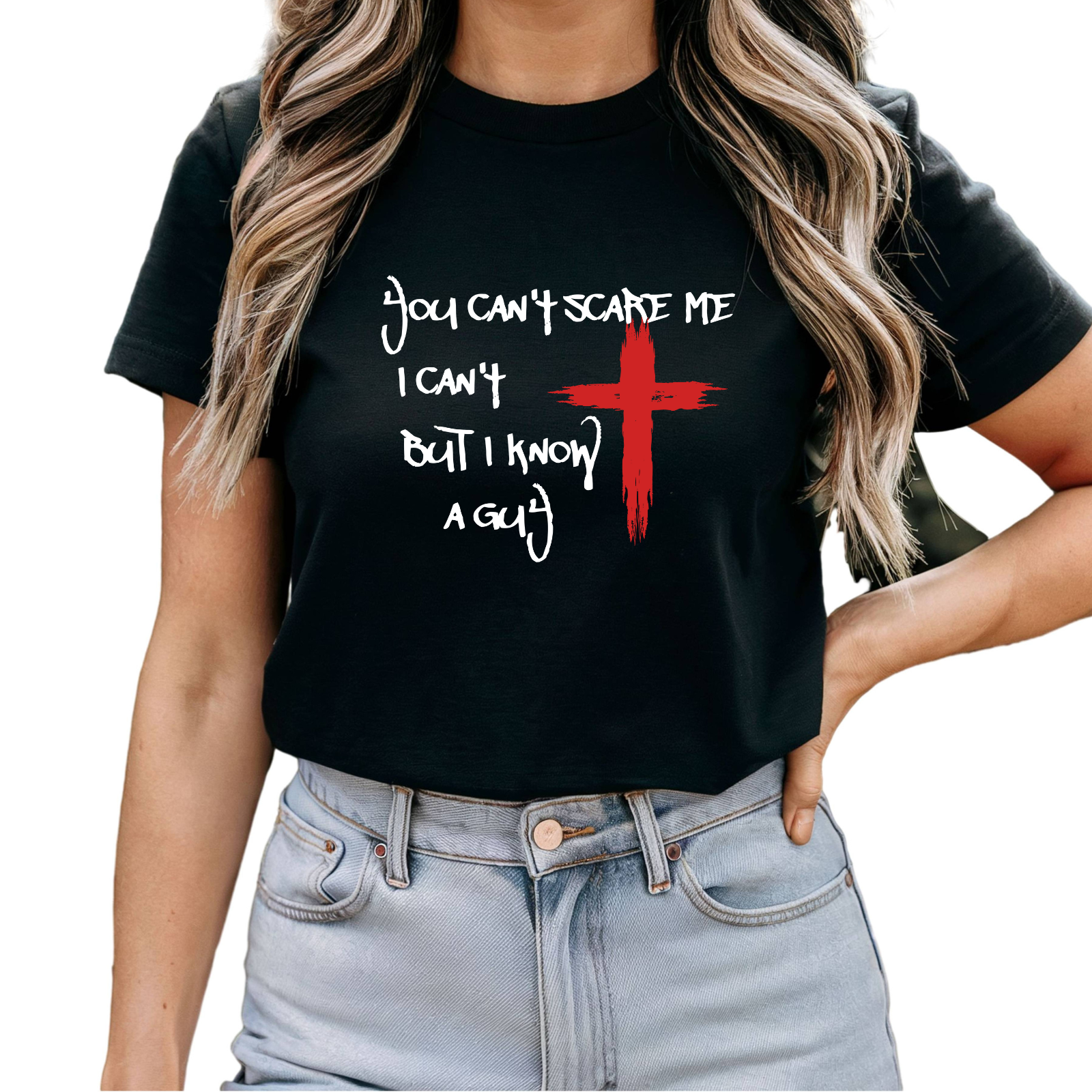 Funny Christian T-Shirt – "I Can’t But I Know A Guy" Jesus Cross Tee – You Can’t Scare Me Shirt for Teens product thumbnail image