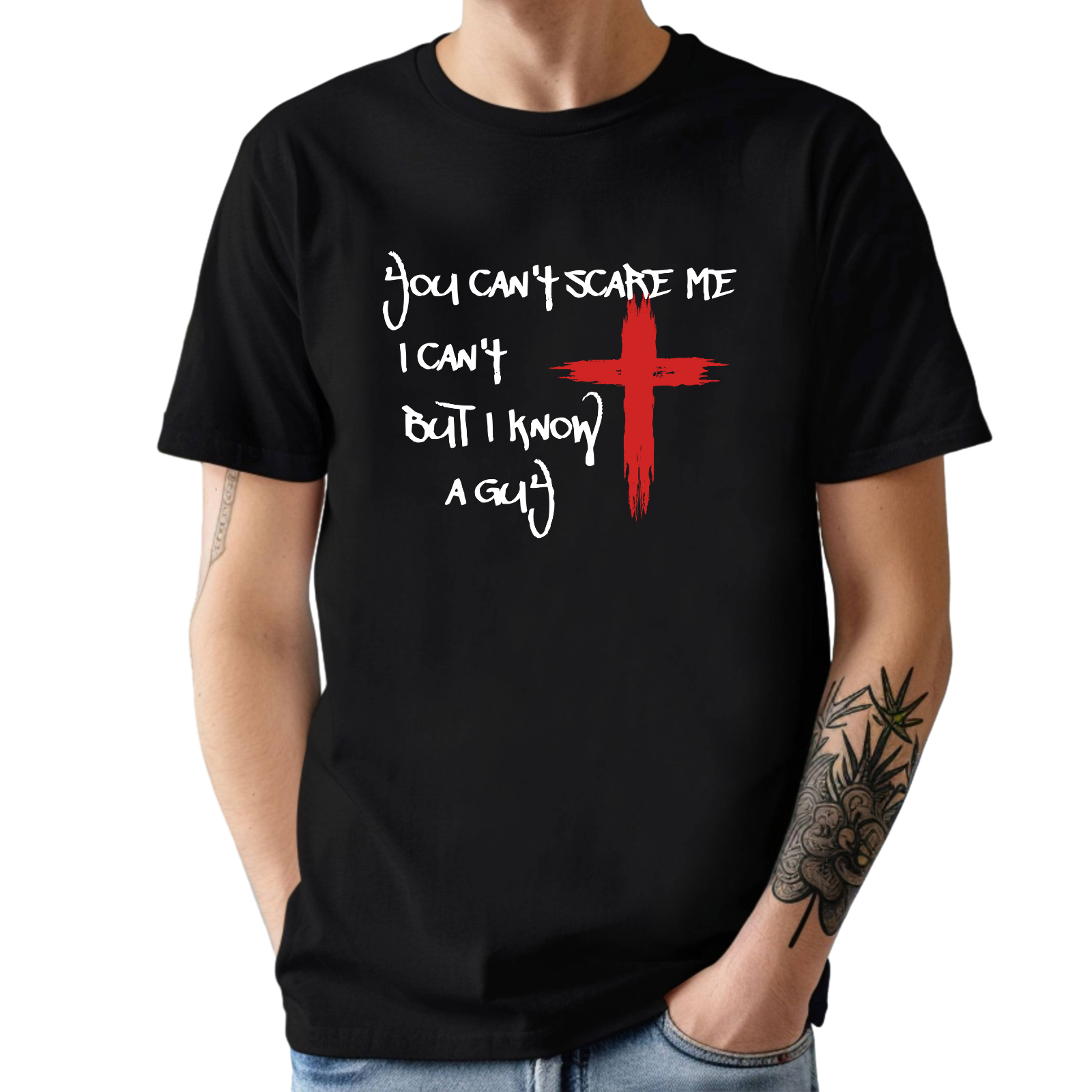 Funny Christian T-Shirt – "I Can’t But I Know A Guy" Jesus Cross Tee – You Can’t Scare Me Shirt for Teens Funny Christian T-Shirt – "I Can’t But I Know A Guy" Jesus Cross Tee – You Can’t Scare Me Shirt for Teens