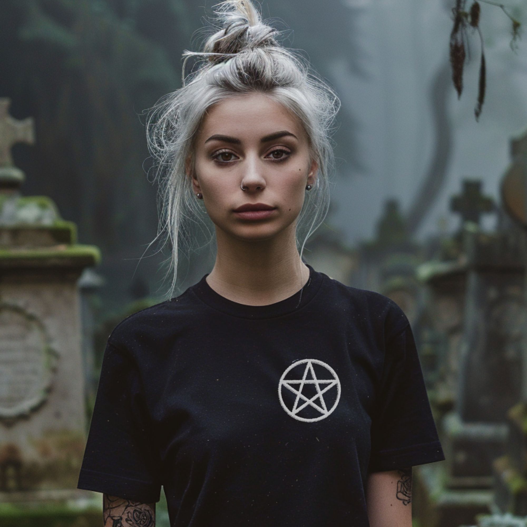 Embroidered Pentagram Unisex Garment-Dyed T-Shirt, Boho Style Tee, Witchy Apparel, Alternative Fashion, Gift for Witches, Occult Clothing product thumbnail image