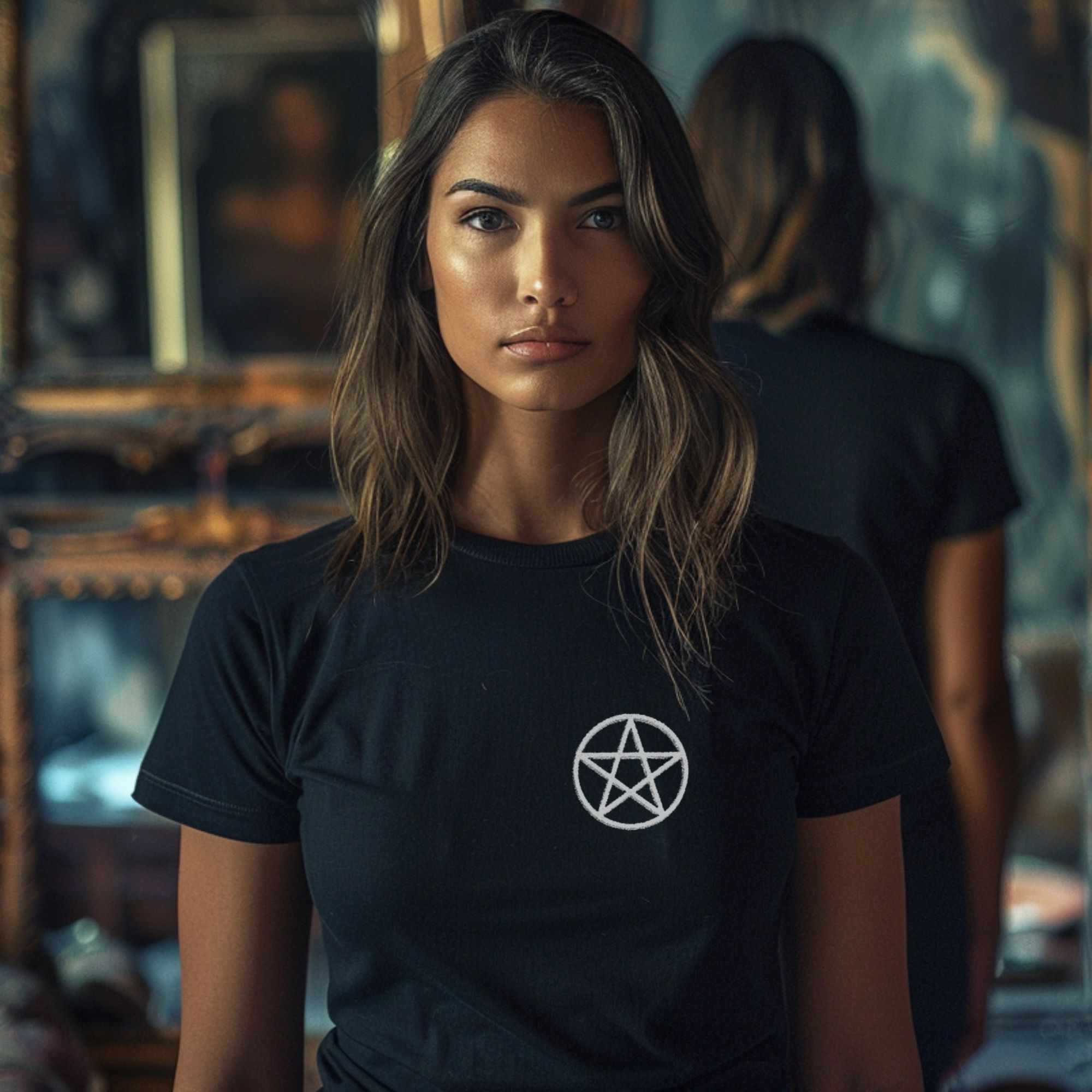 Embroidered Pentagram Unisex Garment-Dyed T-Shirt, Boho Style Tee, Witchy Apparel, Alternative Fashion, Gift for Witches, Occult Clothing product thumbnail image