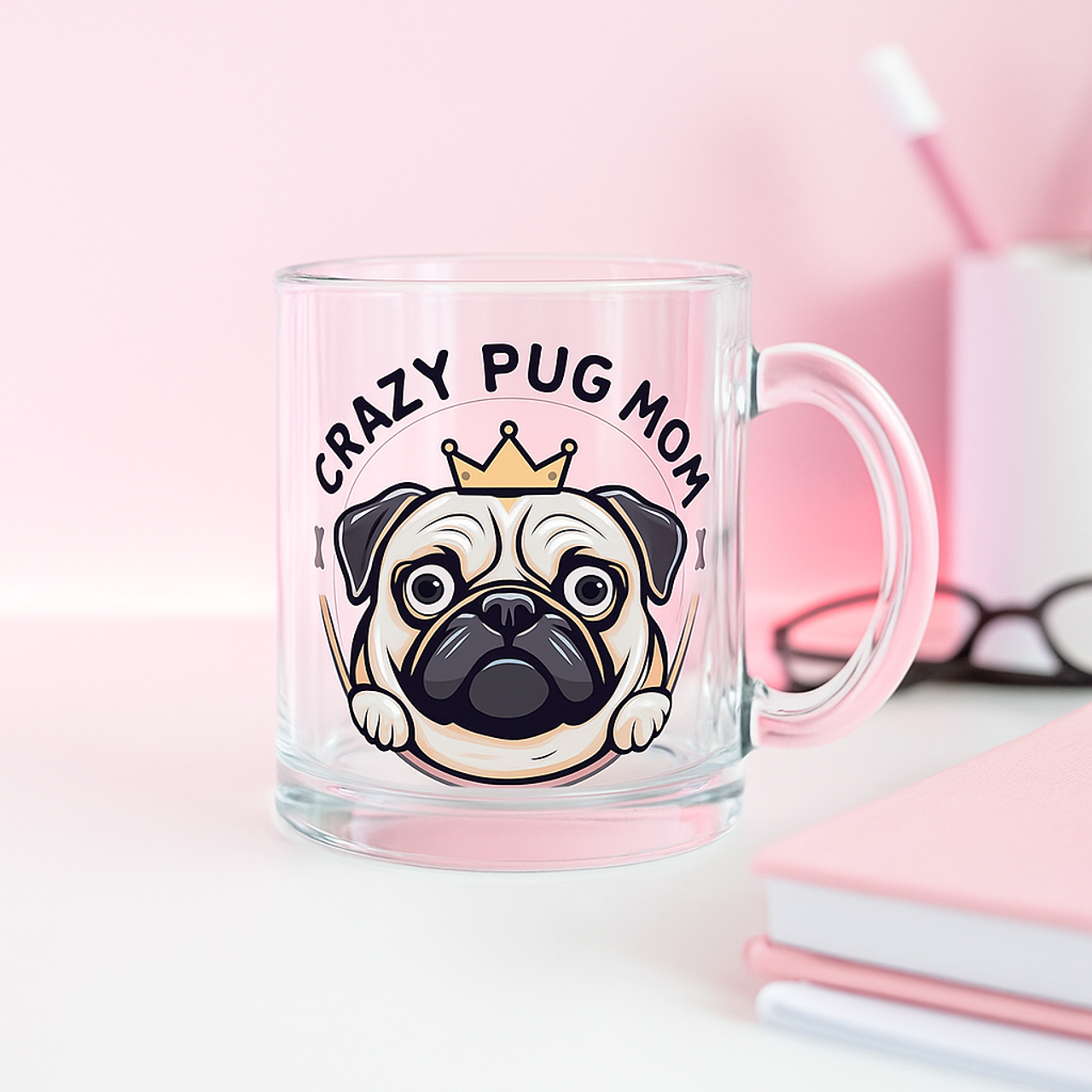 Crazy Pug Mom Glass Mug, Dog Lover Gift, Birthday, Mother's Day, Cute Coffee Cup, Pet Parent Present Crazy Pug Mom Glass Mug, Dog Lover Gift, Birthday, Mother's Day, Cute Coffee Cup, Pet Parent Present