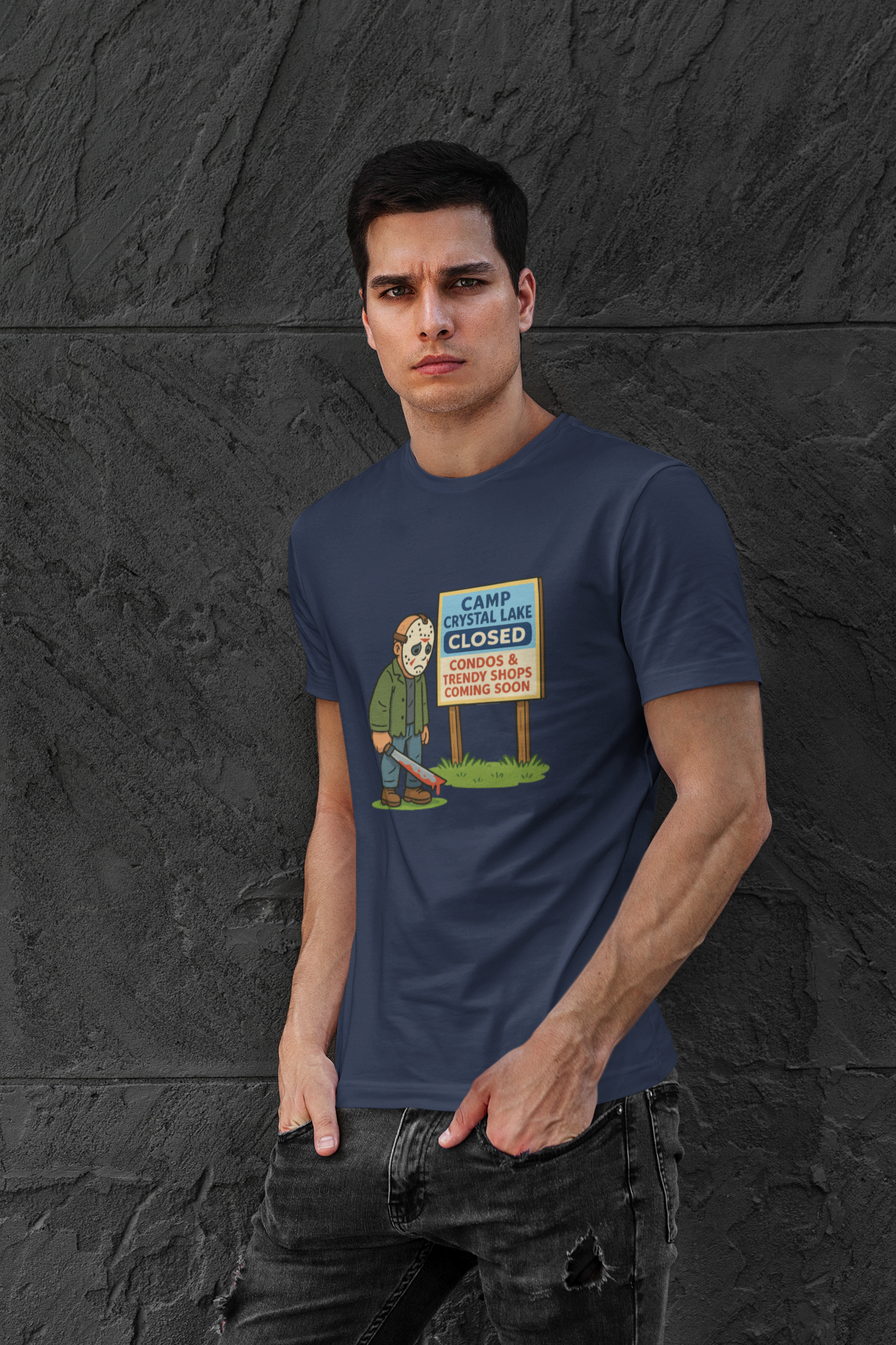 Camp Crystal Lake Redevelopment Men's Tee - Funny Horror Shirt for Slasher Fans, Urban Sprawl Critics, and Millennials Mourning the '80s product thumbnail image Camp Crystal Lake Redevelopment Men's Tee - Funny Horror Shirt for Slasher Fans, Urban Sprawl Critics, and Millennials Mourning the '80s product thumbnail image