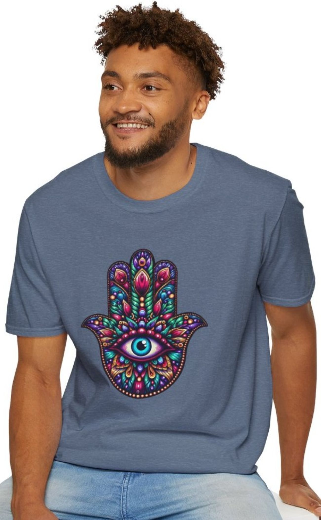 Mandala Hamsa T-Shirt, Evil Eye Protection Tee, Raising Vibration Shirt, Vibrant Unisex Top, Spiritual Clothing, Yoga Apparel, Boho Fashion, product thumbnail image