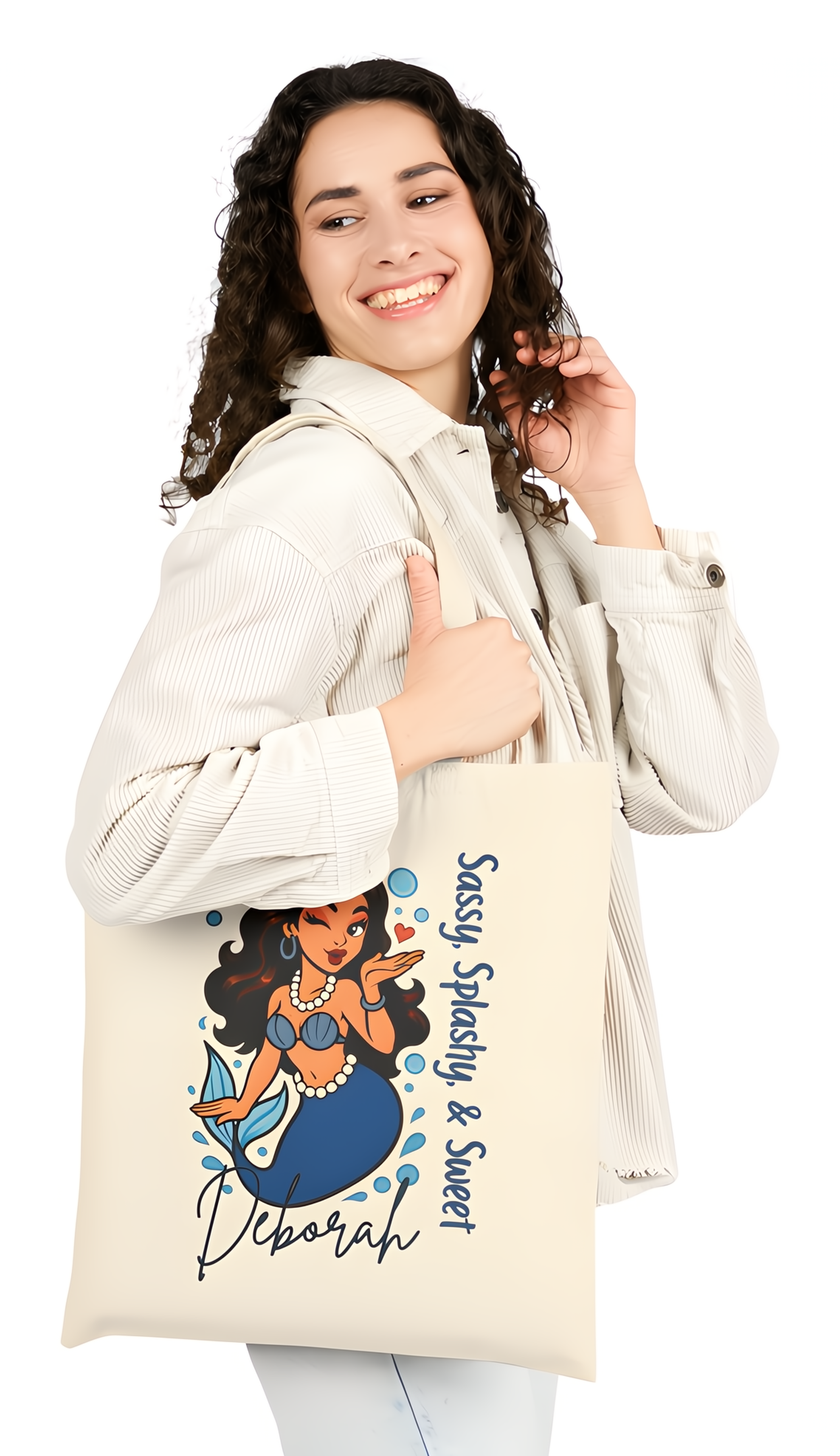 “Sassy, Splashy &amp; Sweet” – Personalized Double-Sided Mermaid Tote Bag 