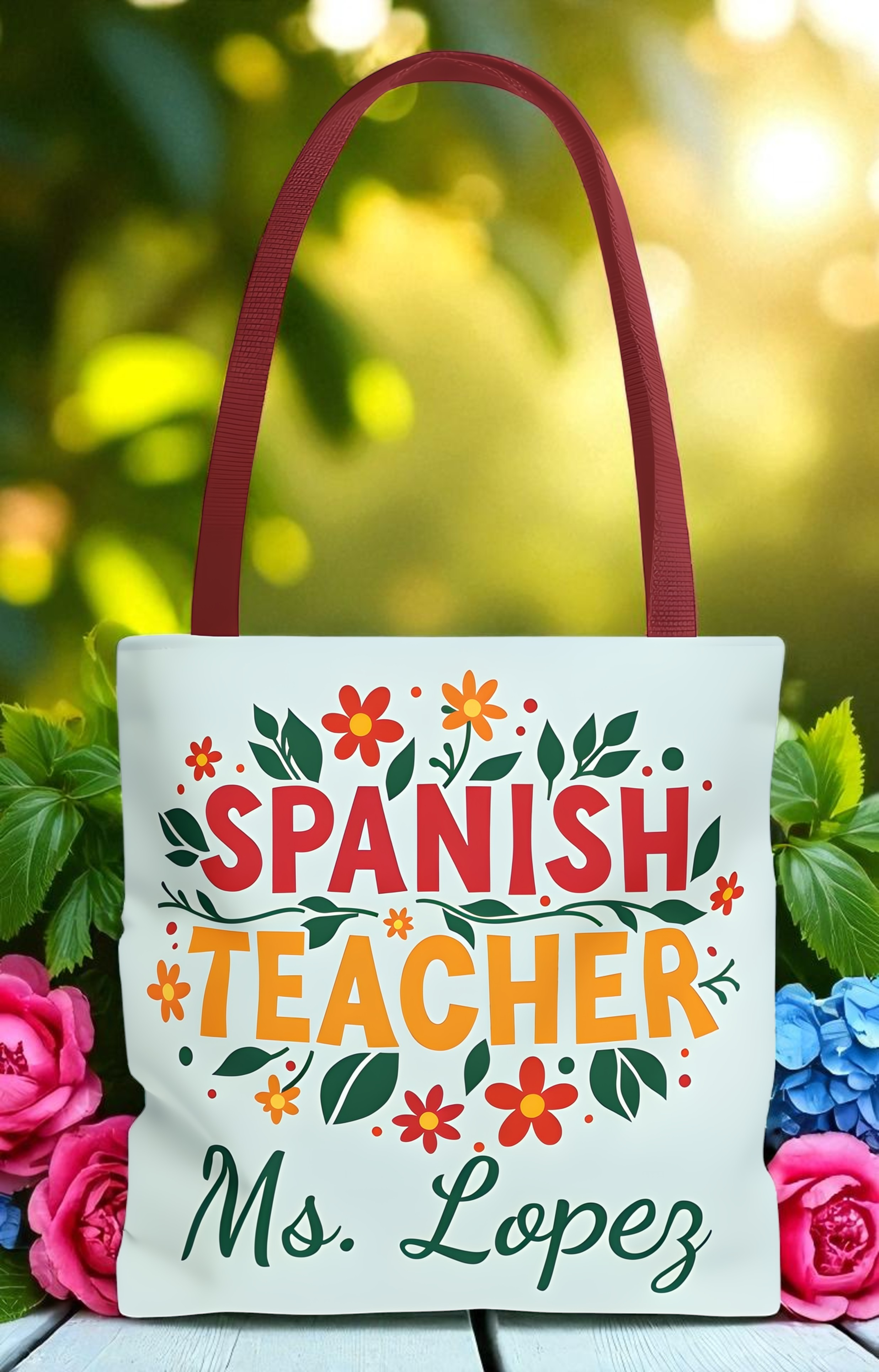 Spanish Teacher Tote Bag | Personalized Gift for Educators | Floral Teacher Tote | Back to School Essentials, Teacher Appreciation product thumbnail image Spanish Teacher Tote Bag | Personalized Gift for Educators | Floral Teacher Tote | Back to School Essentials, Teacher Appreciation product thumbnail image