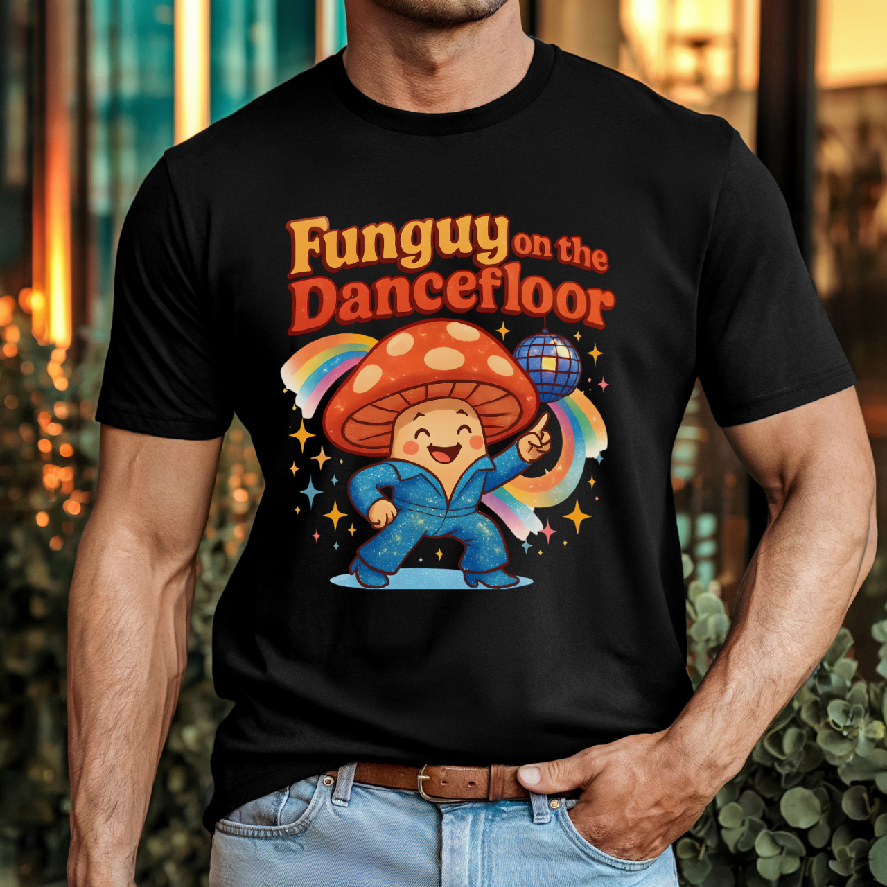 Fun Guy on the Dancefloor Unisex T-Shirt, Cute Mushroom Tee, Groovy Party Shirt, Funny Gift for Friends, Music Festival Apparel
